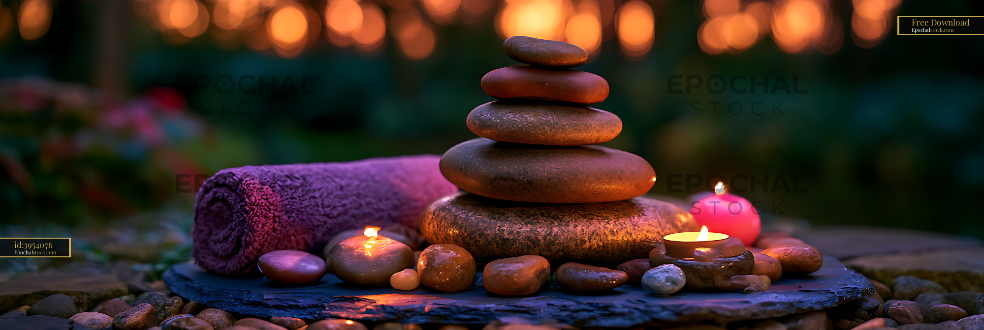 Watermarked full-resolution preview of Zen arrangement of stones, candles, and towel