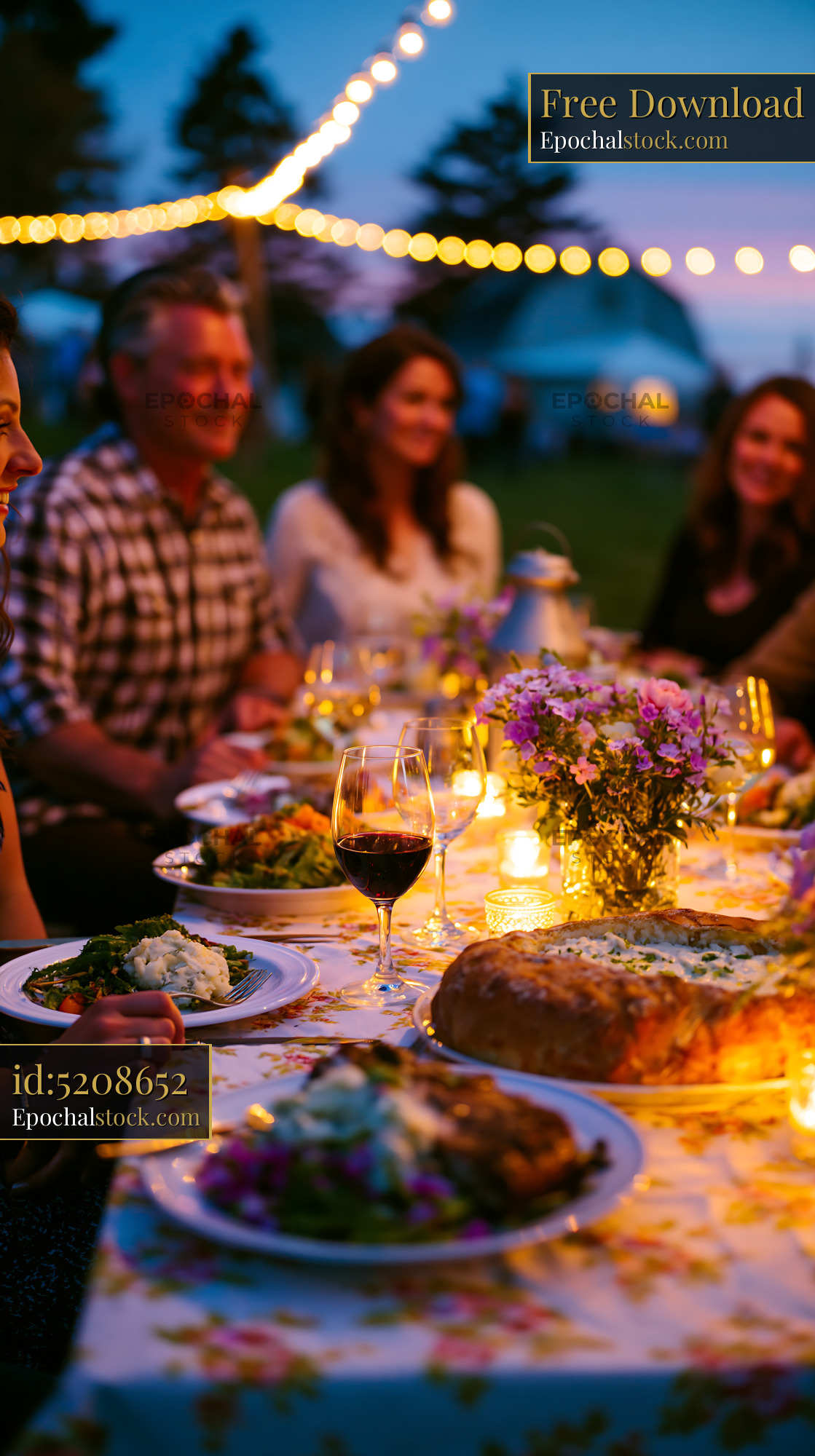 Watermarked full-resolution preview of Dinner gathering with friends at sunset outdoors