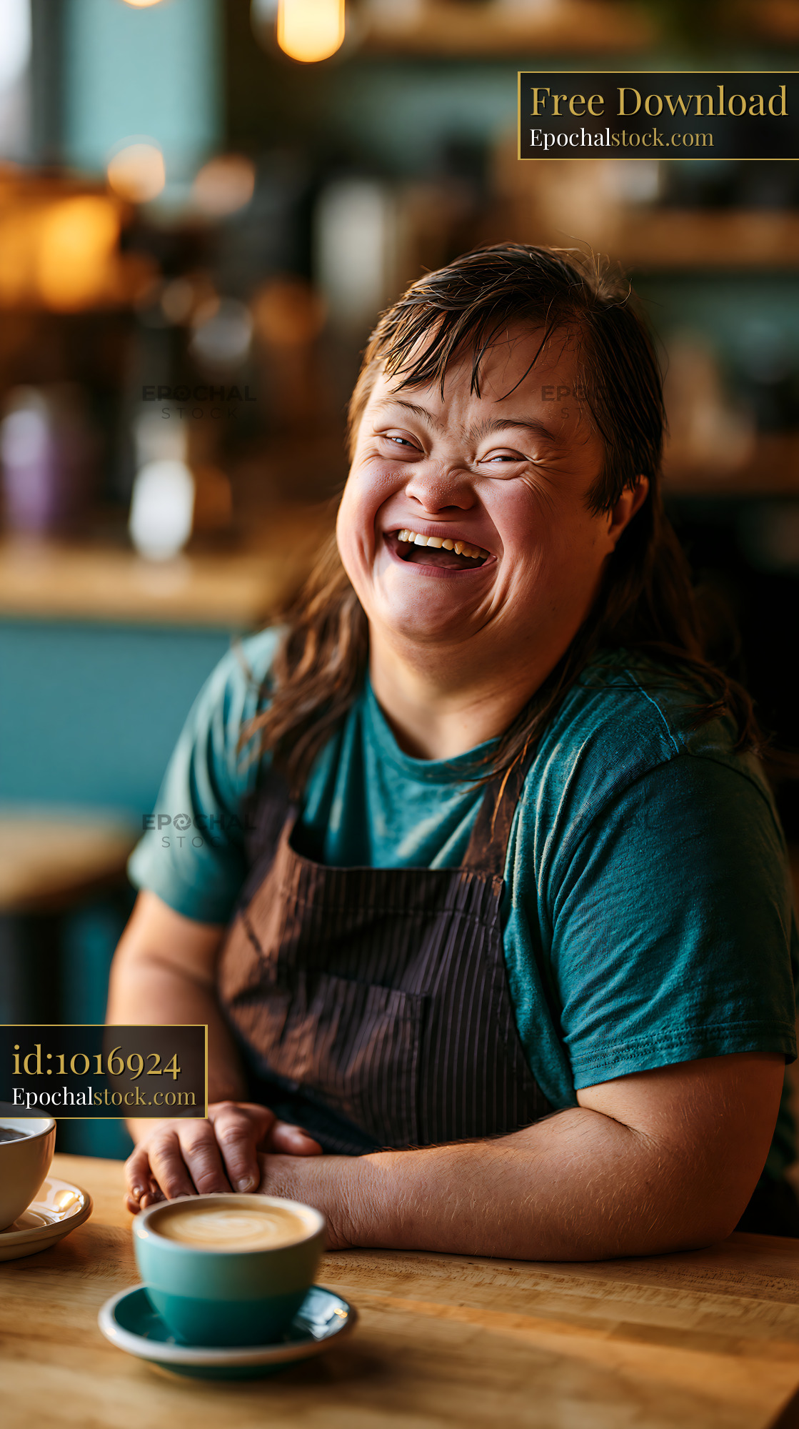 Watermarked full-resolution preview of Barista smiling in a coffee shop with drinks on the table