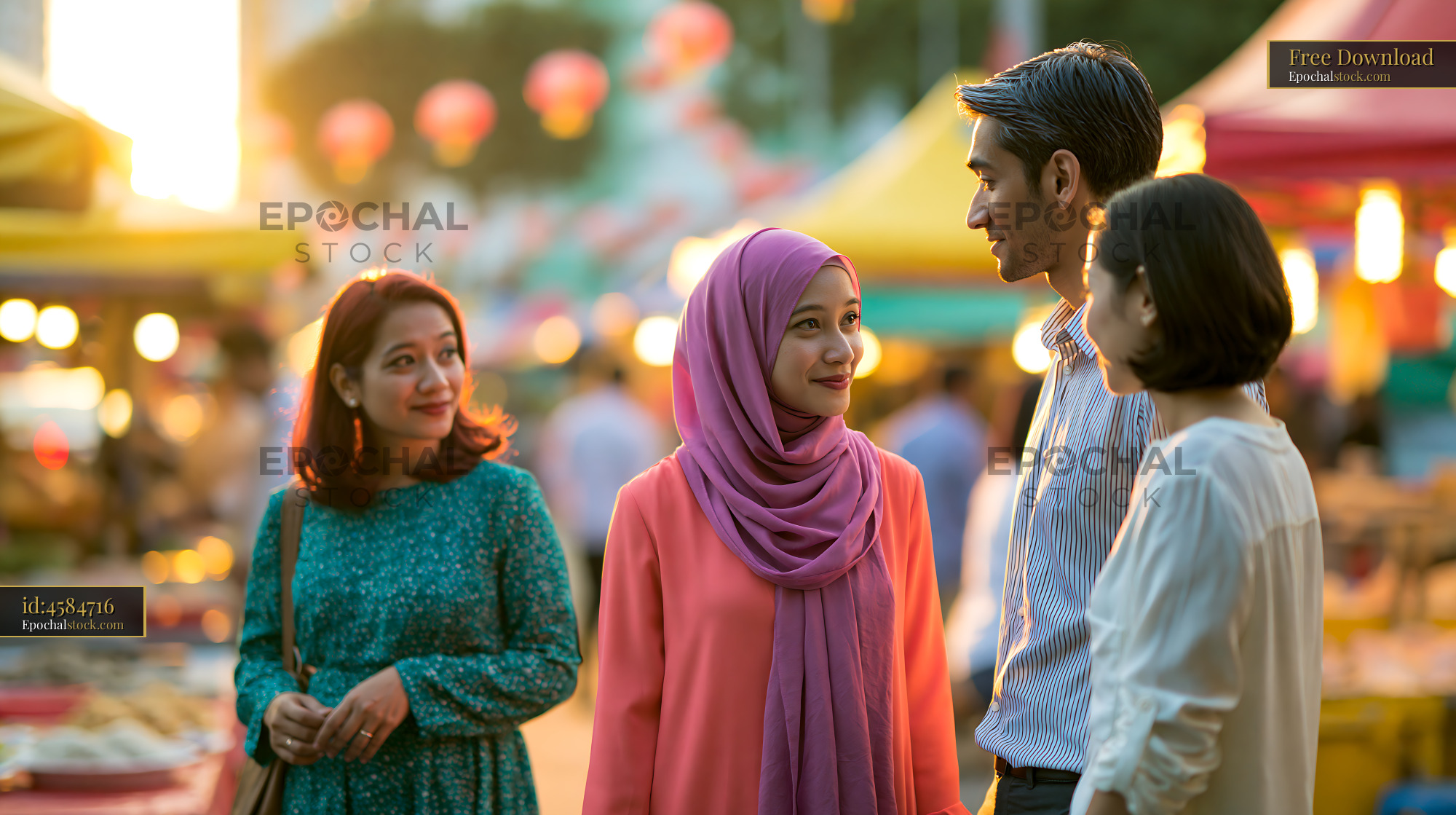Watermarked full-resolution preview of Group of friends enjoying evening at a vibrant marketplace