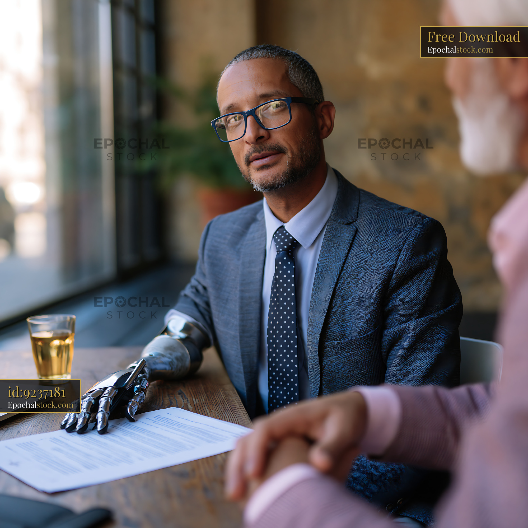 Watermarked full-resolution preview of Business meeting between two men with one wearing a prosthetic arm