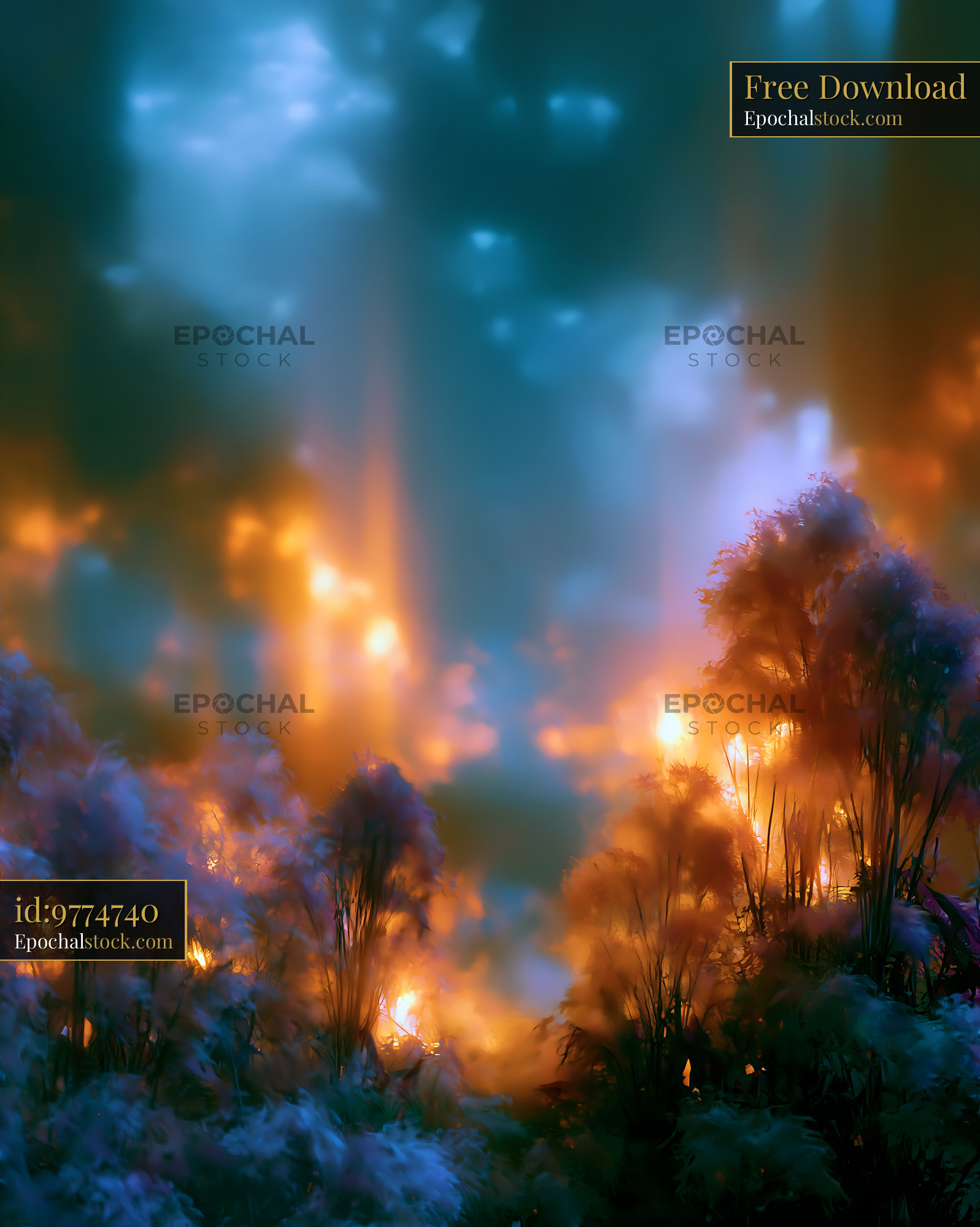 Watermarked full-resolution preview of Colorful lights shine through dense foliage at night