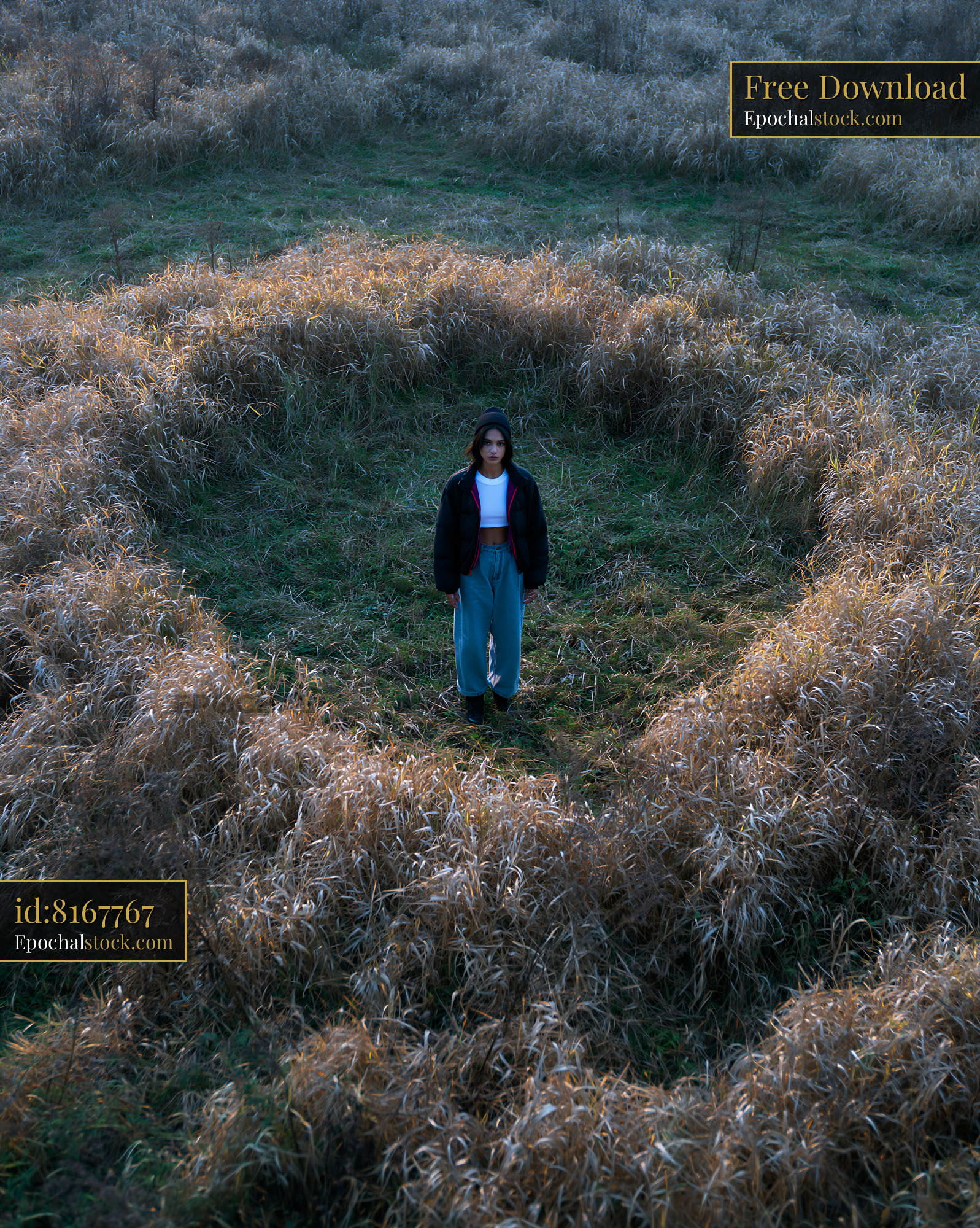 Watermarked full-resolution preview of Person standing in middle of circular grass formation at sunset