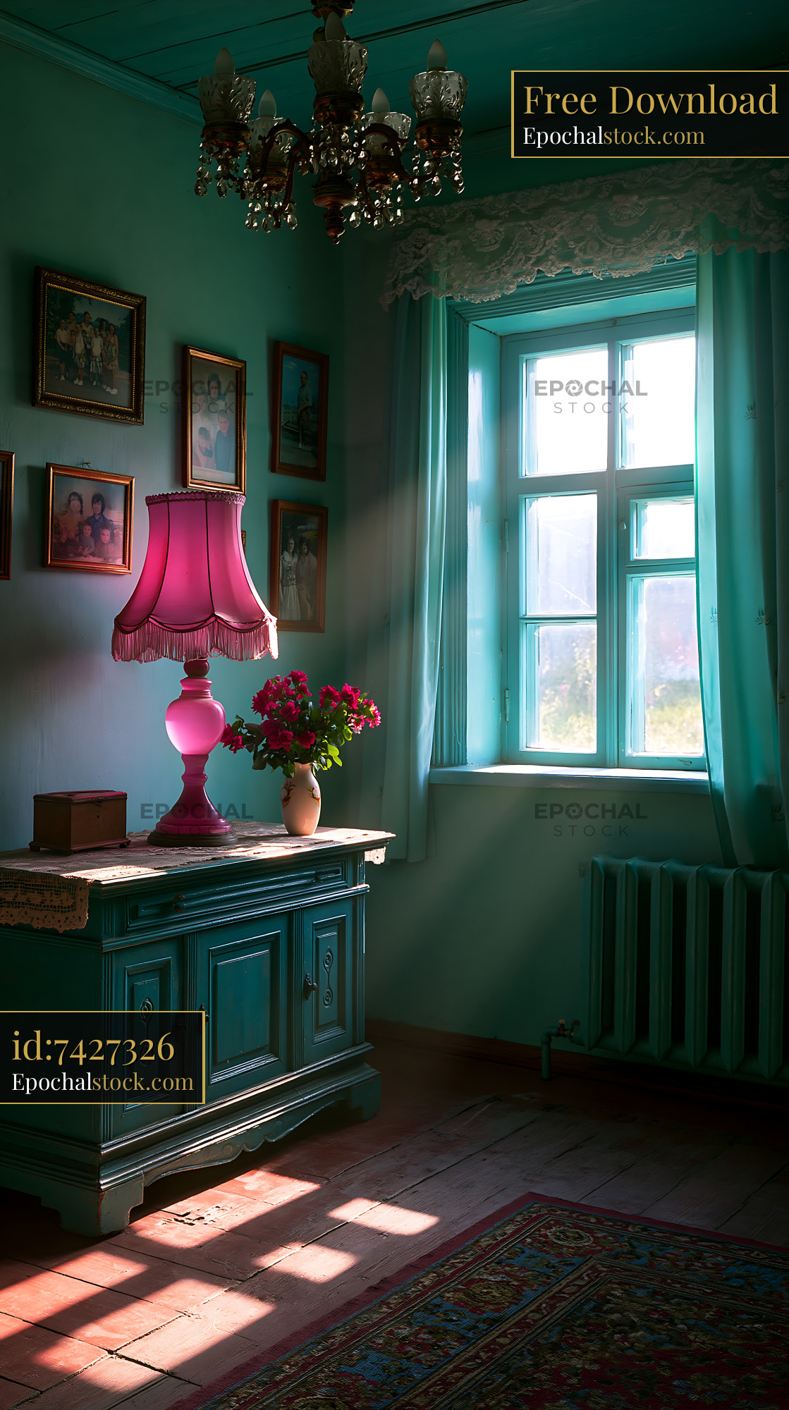 Watermarked full-resolution preview of Quiet room with teal walls and warm light