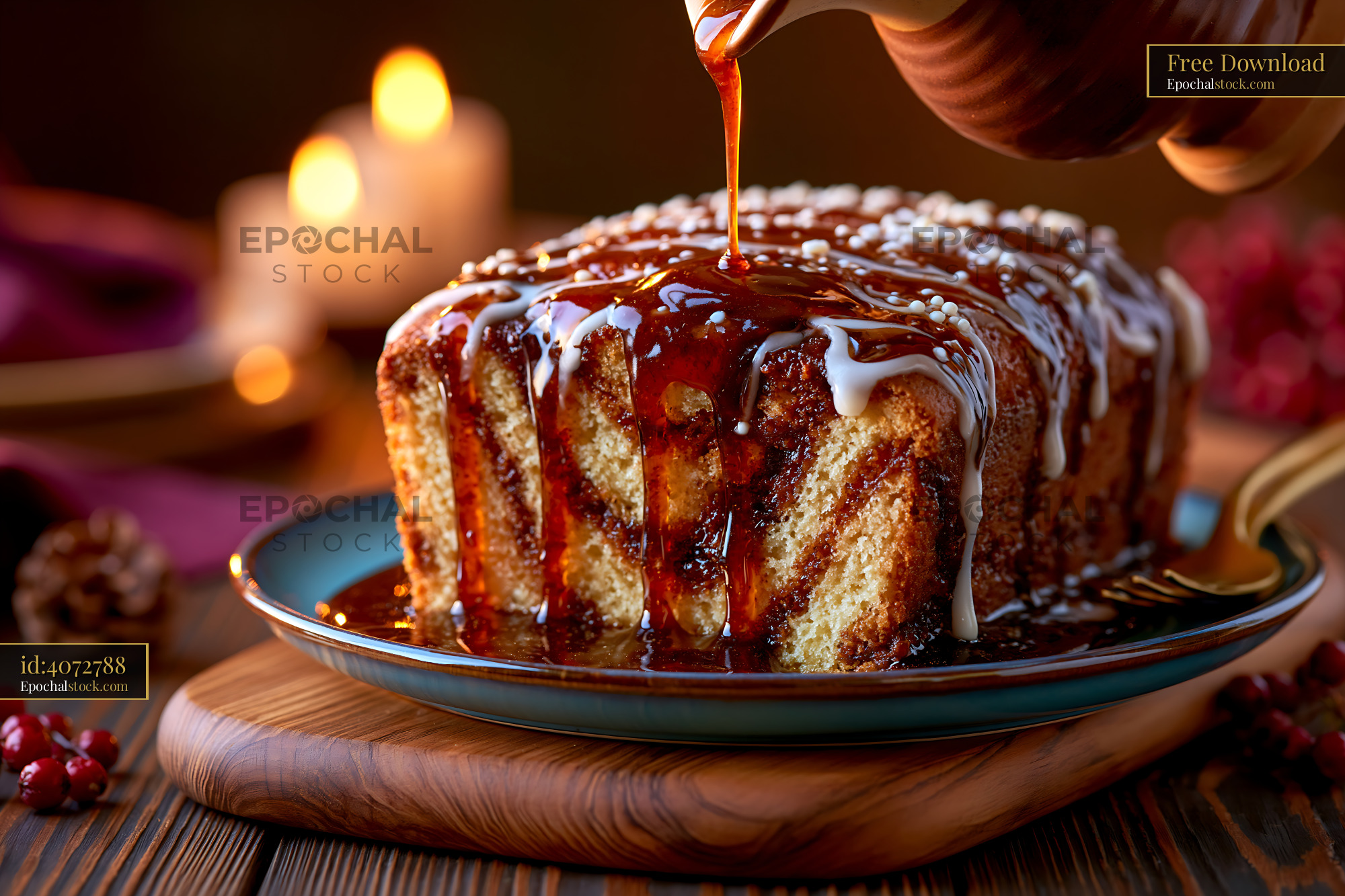 Watermarked full-resolution preview of Delicious dessert with syrup poured over a loaf on a wooden board