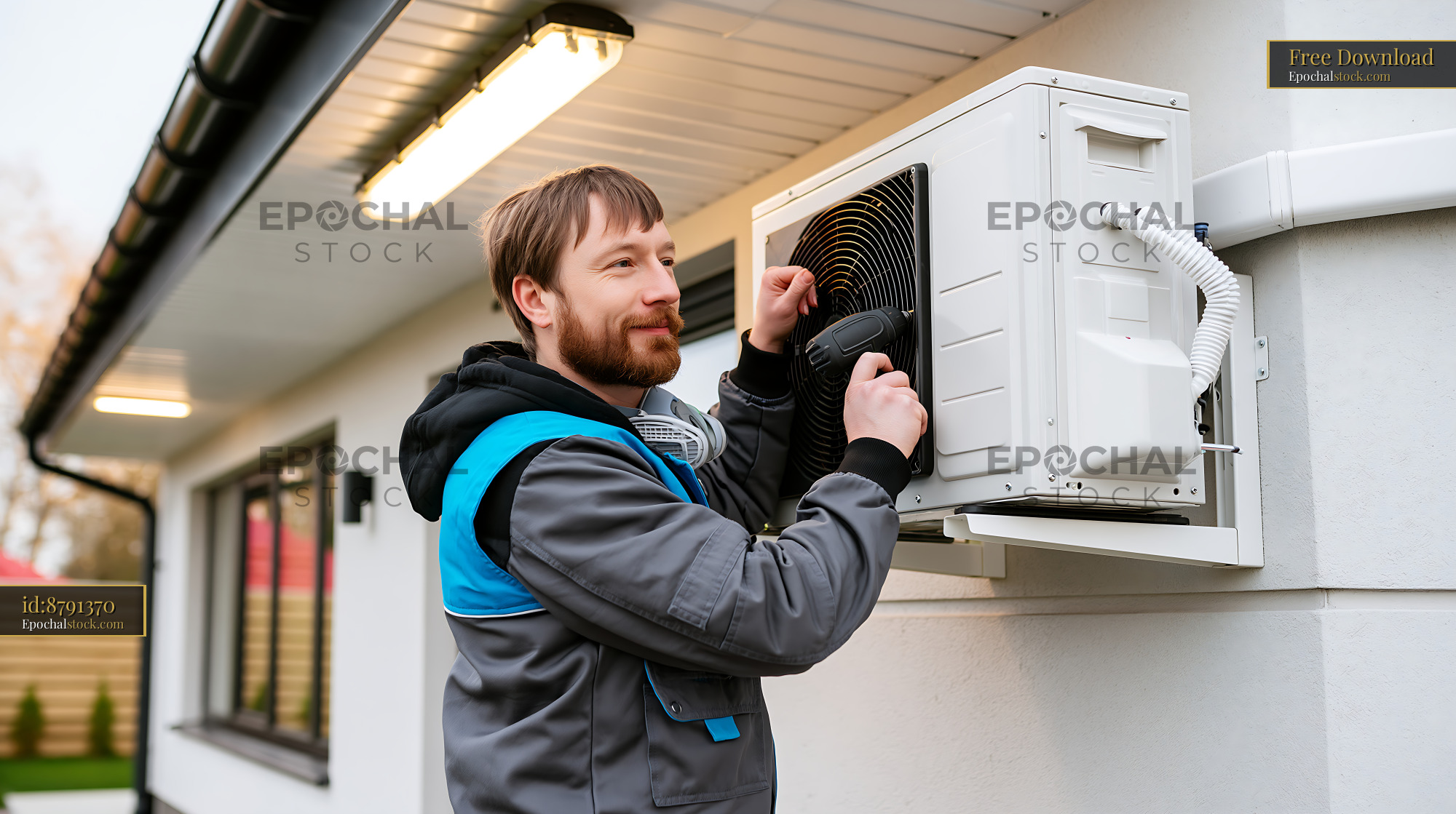 Watermarked full-resolution preview of Technician installing air conditioning unit on exterior wall