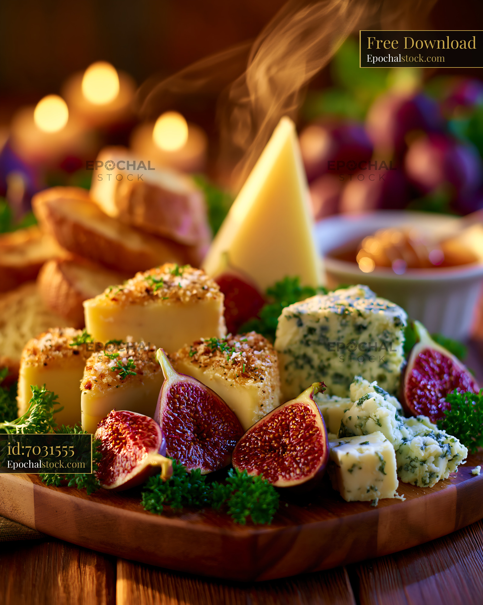 Watermarked full-resolution preview of Cheese and fig platter with bread and dips on wooden table