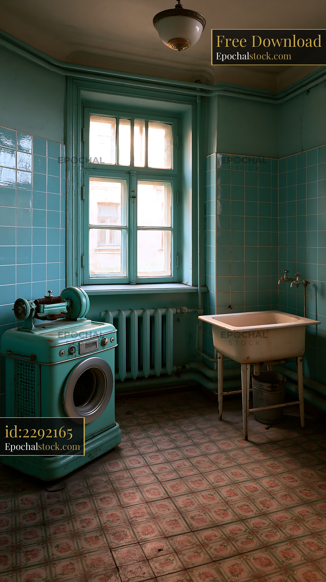 Watermarked full-resolution preview of Vintage laundry room with turquoise walls and appliances