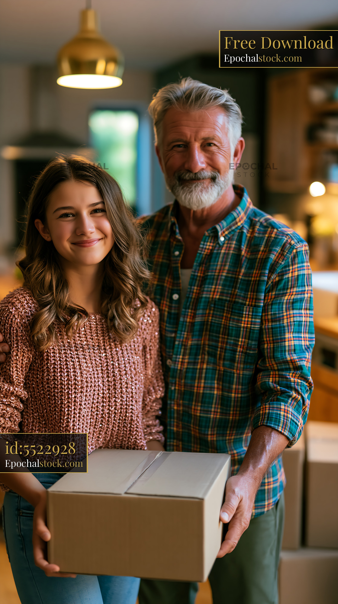 Watermarked full-resolution preview of Man and girl in kitchen holding box together