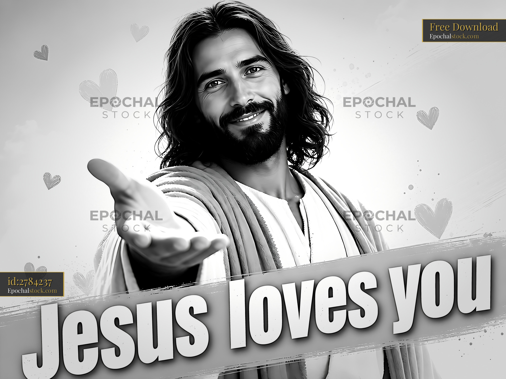 Watermarked full-resolution preview of Jesus offers love and support in black and white art