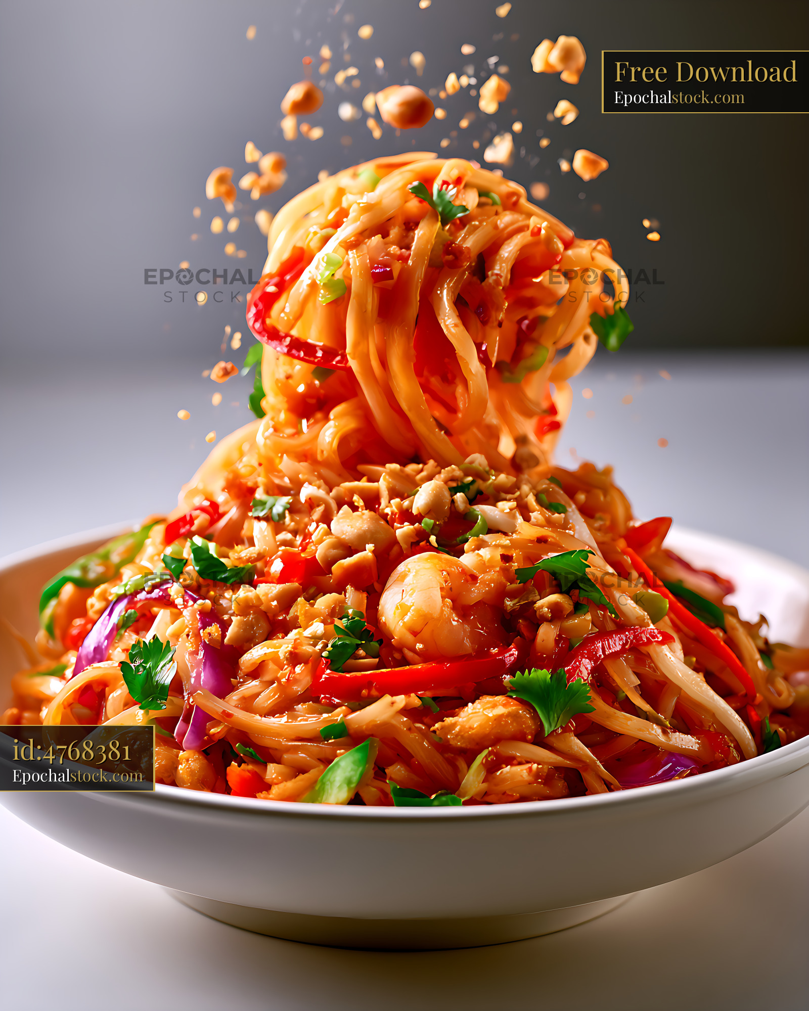 Watermarked full-resolution preview of Vibrant noodle and vegetable salad in white serving bowl