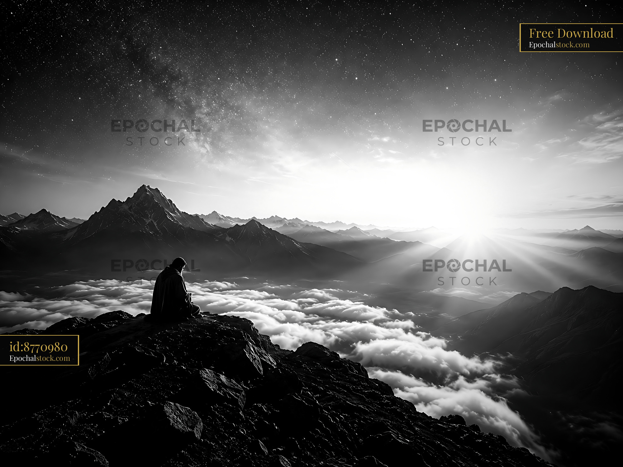 Watermarked full-resolution preview of Silhouette of a person sitting on a mountain at sunrise