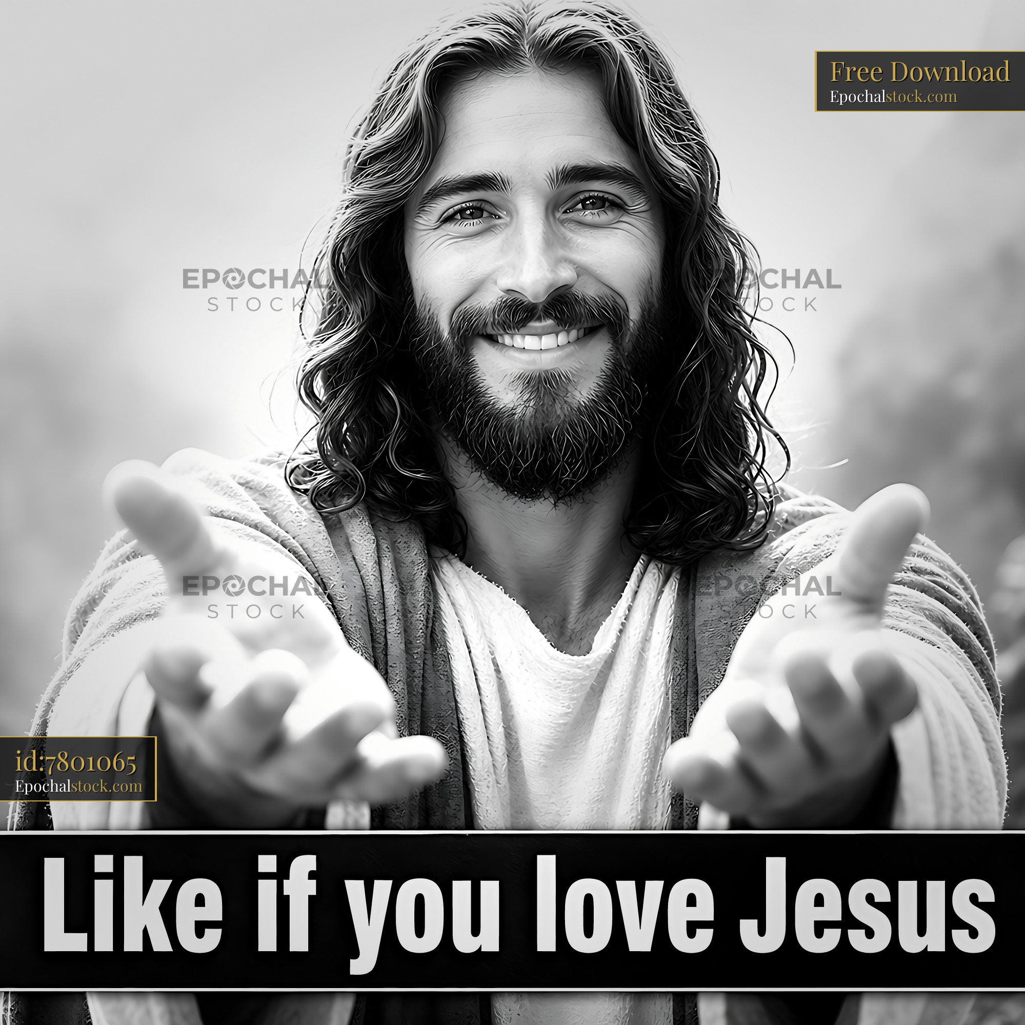 Watermarked full-resolution preview of Person with long hair and beard extends hands in gesture of welcome