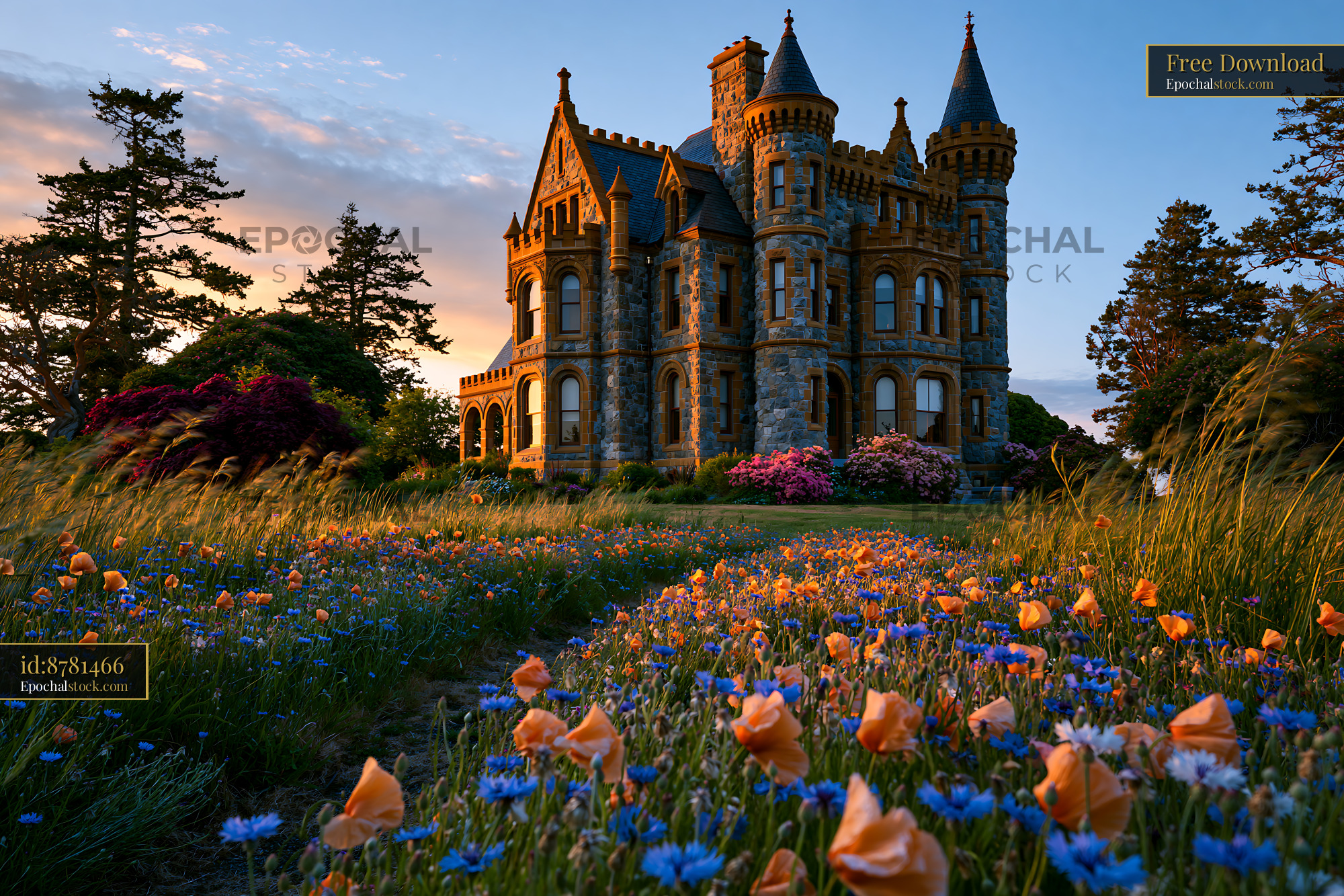 Watermarked full-resolution preview of Sunset view of a historic castle surrounded by flowers