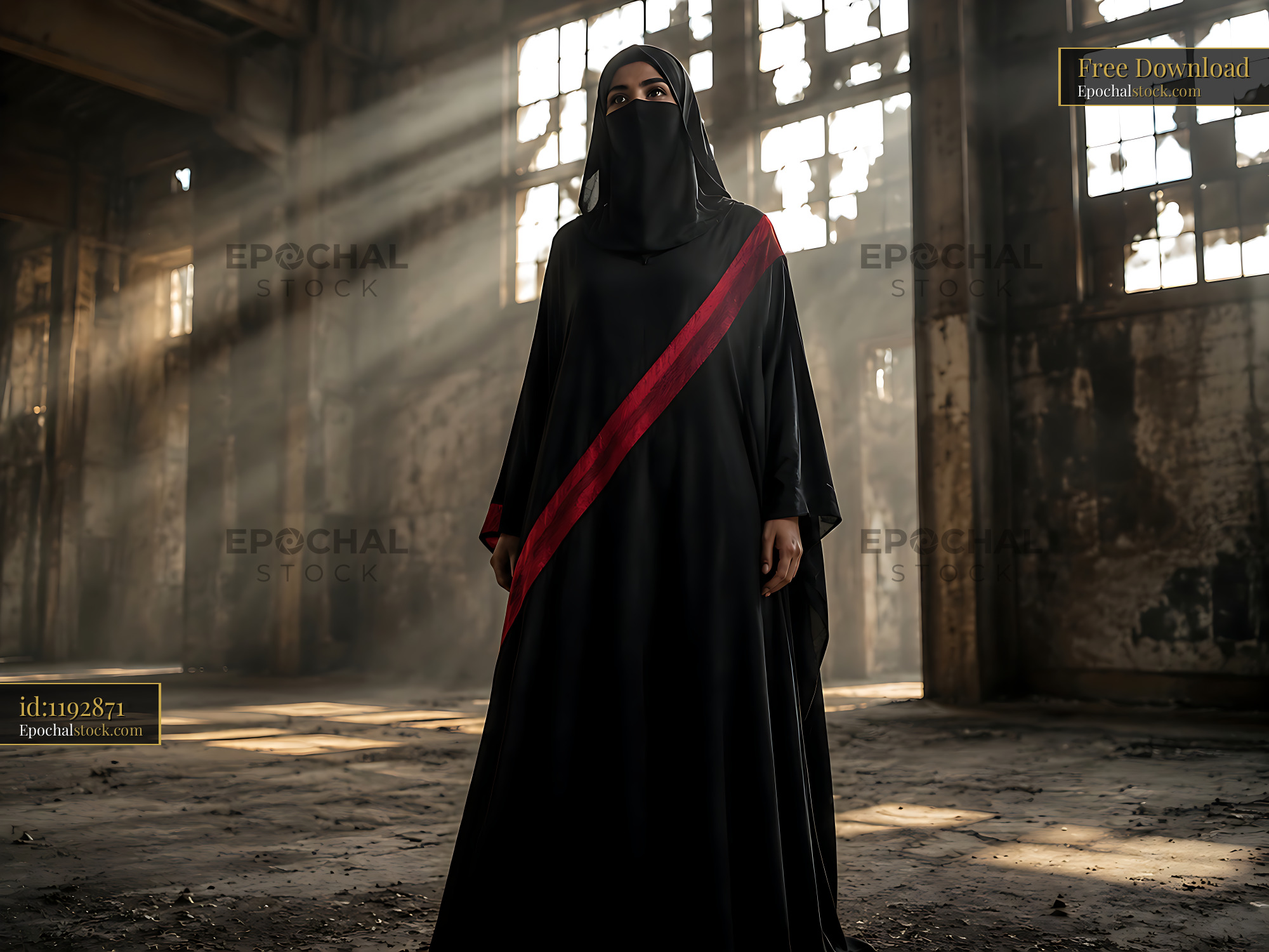 Watermarked full-resolution preview of Woman in black attire standing in an abandoned industrial space