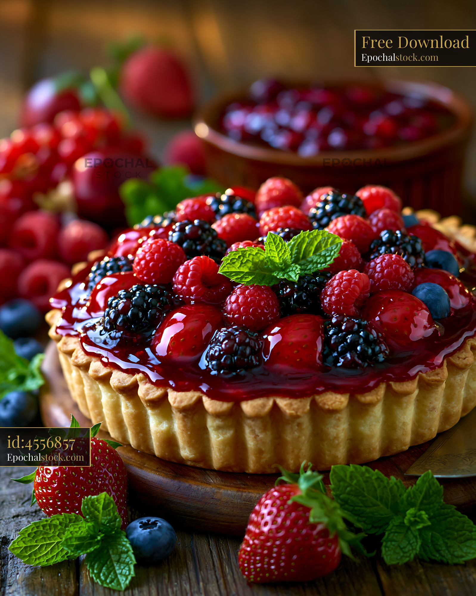 Watermarked full-resolution preview of Berry tart with assorted berries on a wooden table