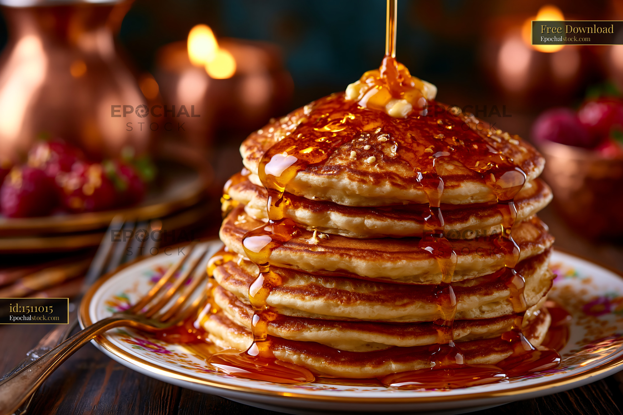 Watermarked full-resolution preview of Stack of pancakes with syrup and butter on a plate