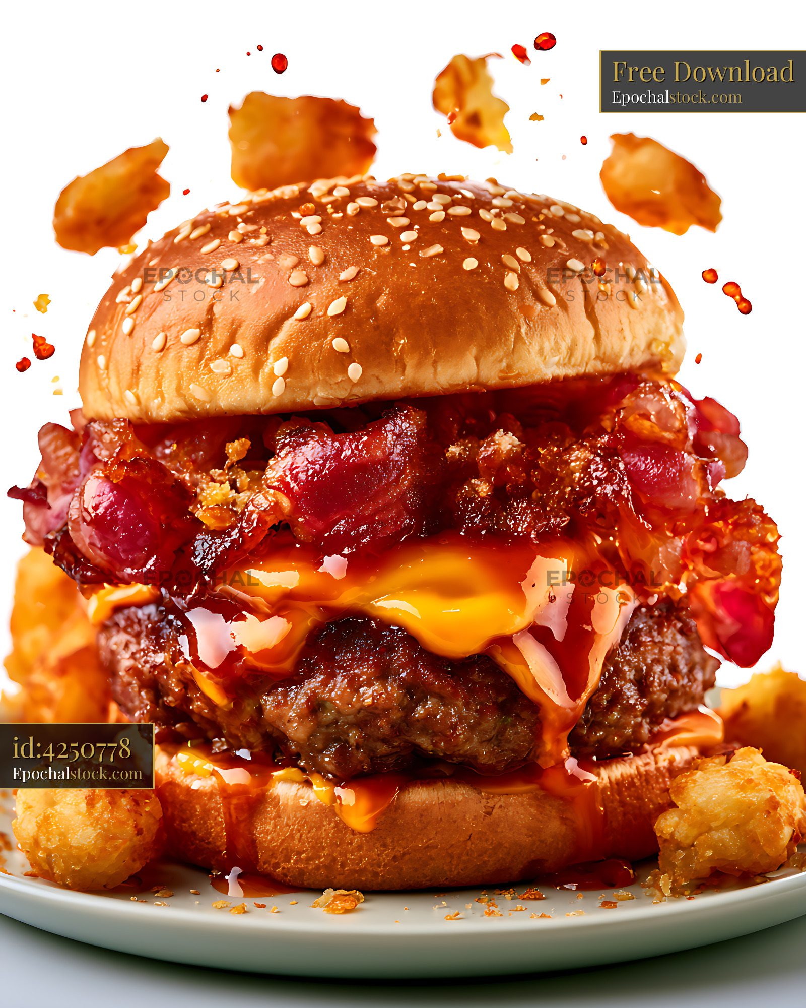 Watermarked full-resolution preview of Loaded double cheeseburger on a plate