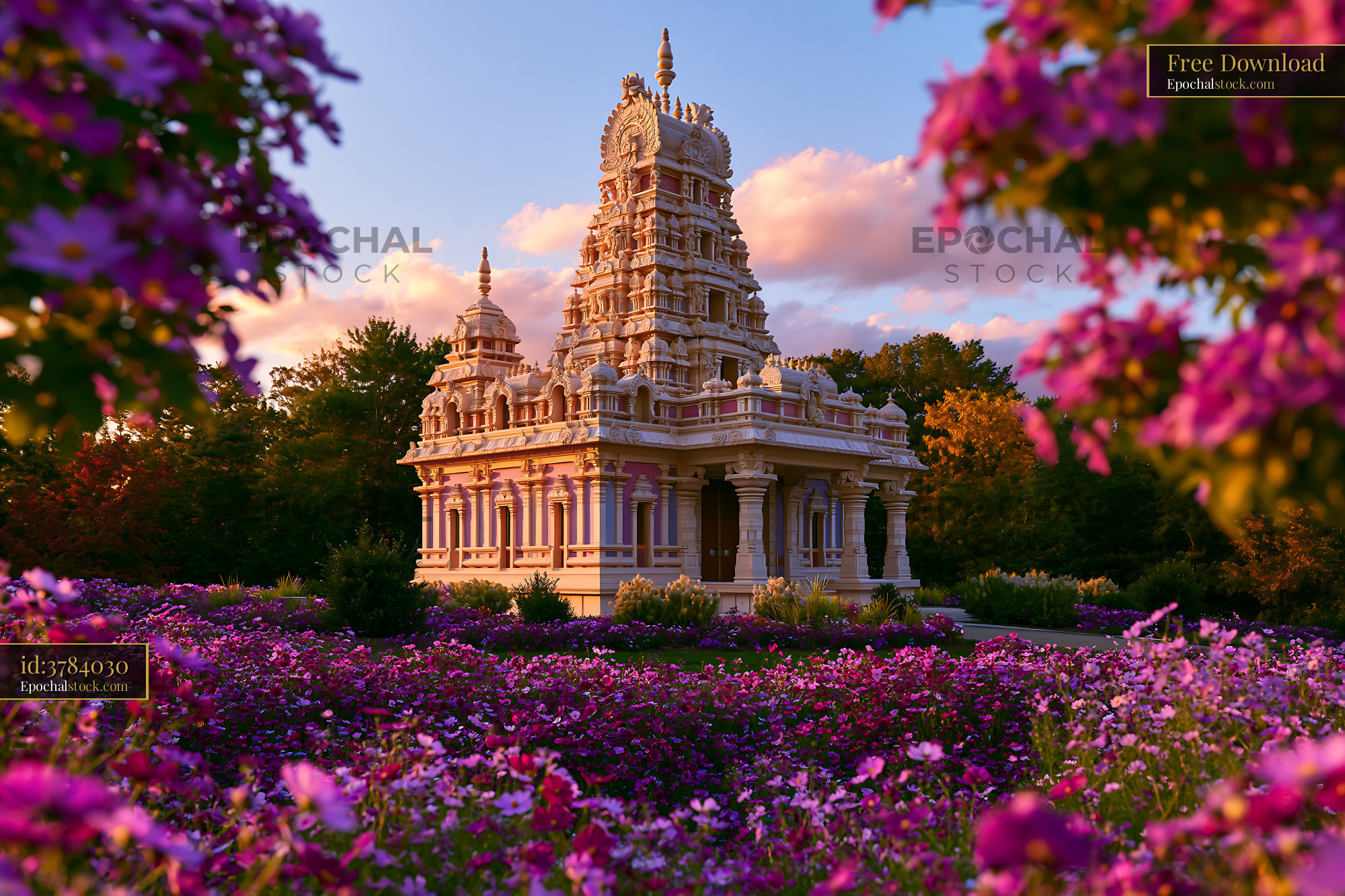 Watermarked full-resolution preview of Temple surrounded by colorful flowers at sunset