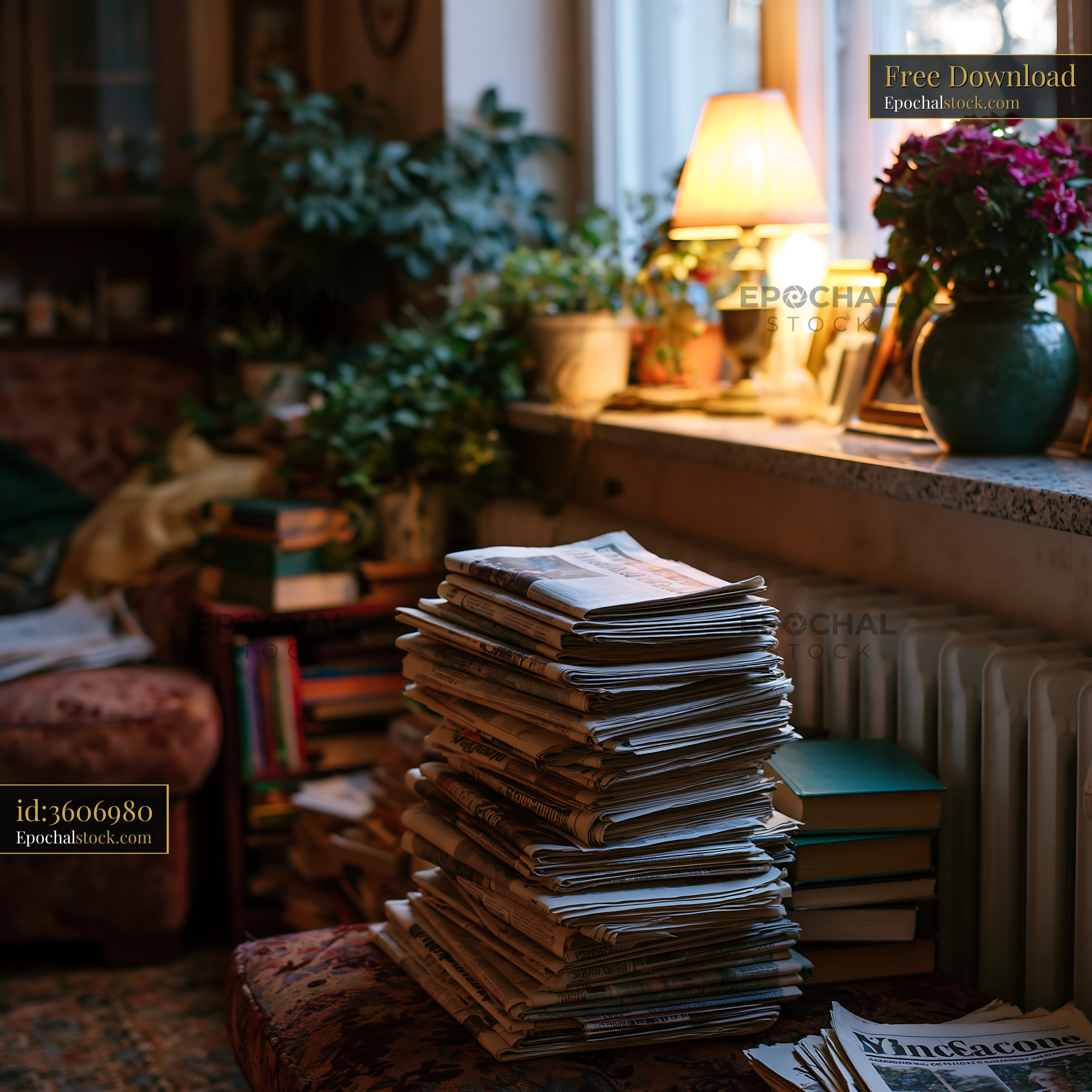 Watermarked full-resolution preview of Stacks of old newspapers near a window with plants and lamp