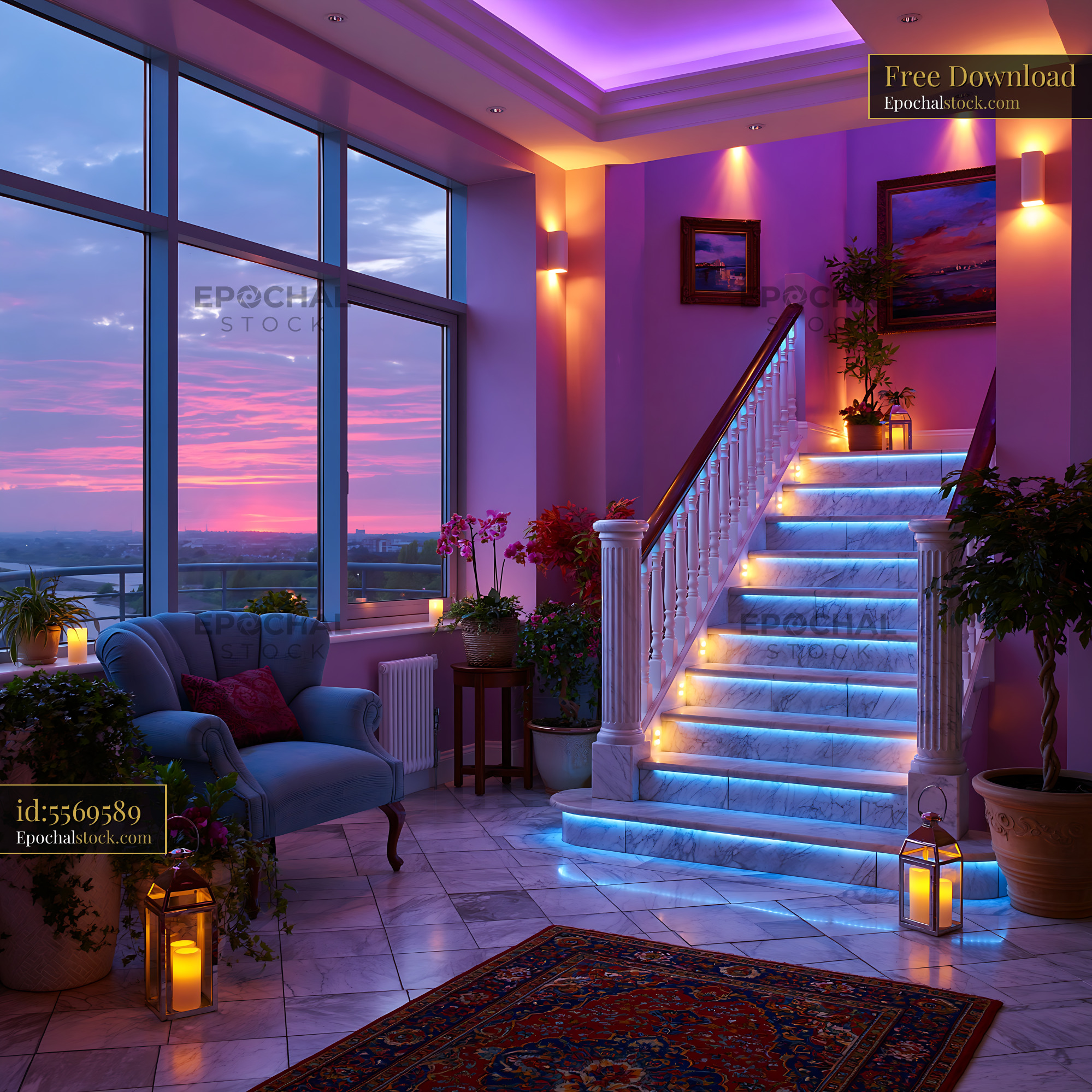 Watermarked full-resolution preview of Staircase with illuminated steps and sunset view in modern interior