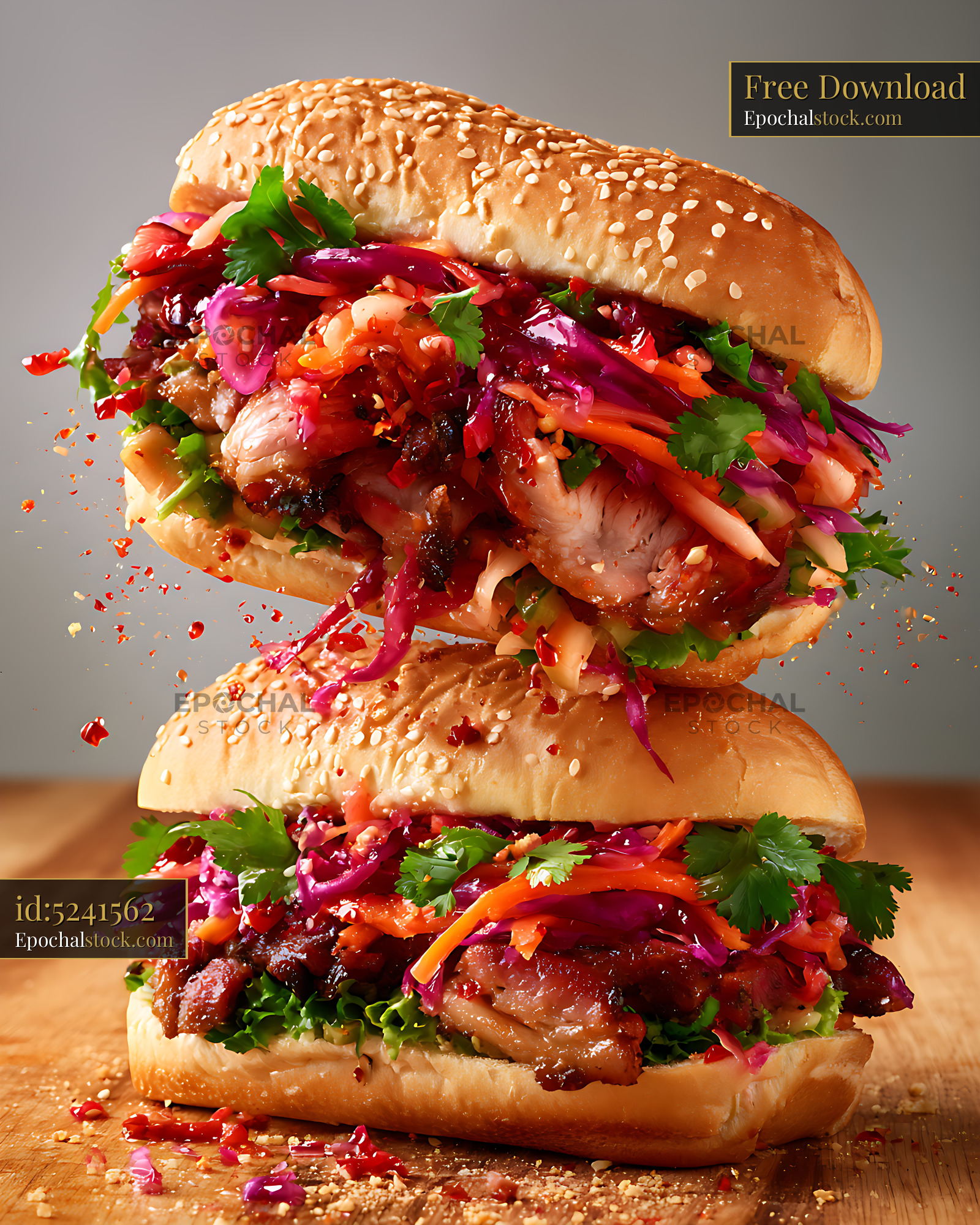 Watermarked full-resolution preview of Two stacked sesame sandwiches with vibrant vegetable filling