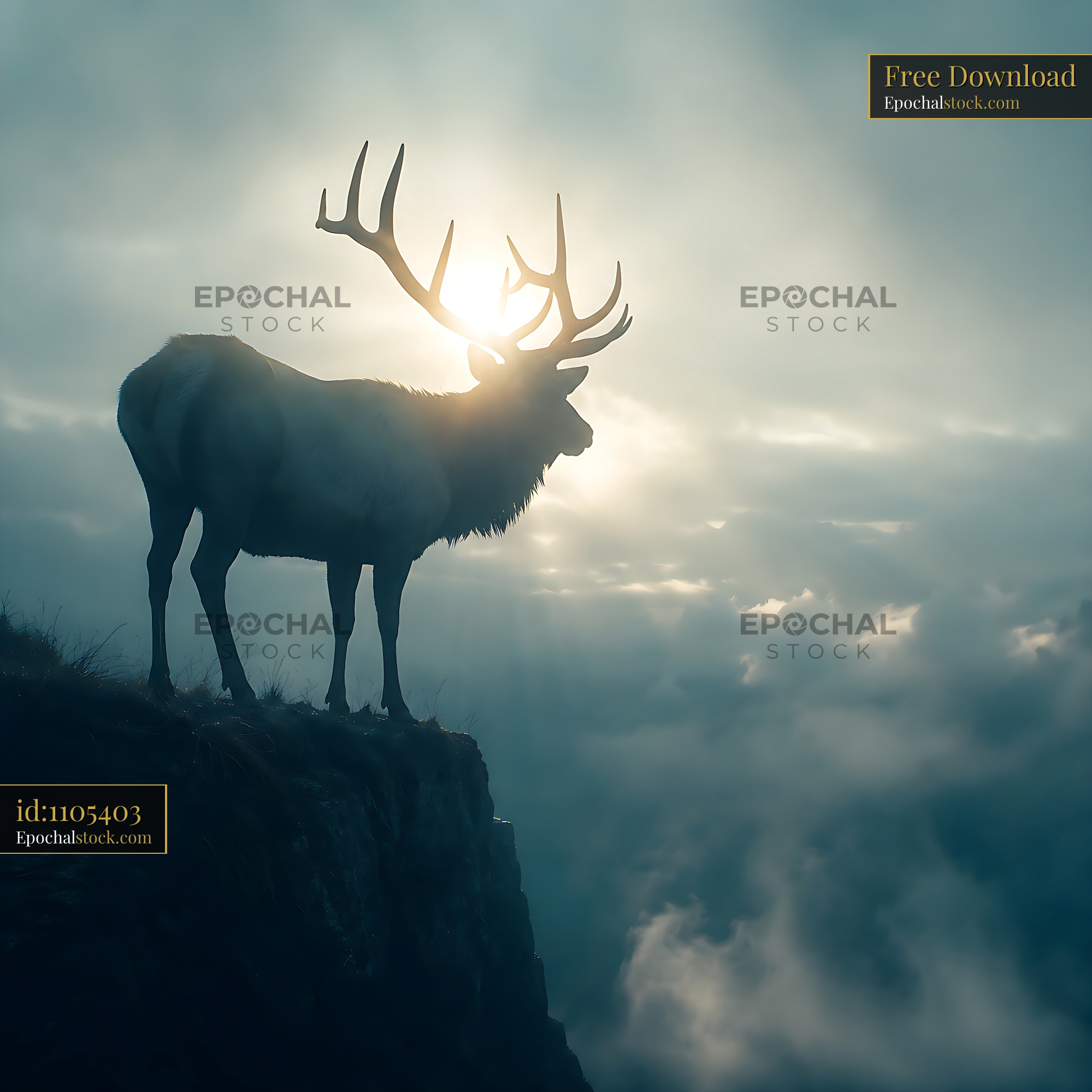 Watermarked full-resolution preview of Stag silhouette against a cloudy sky at sunrise
