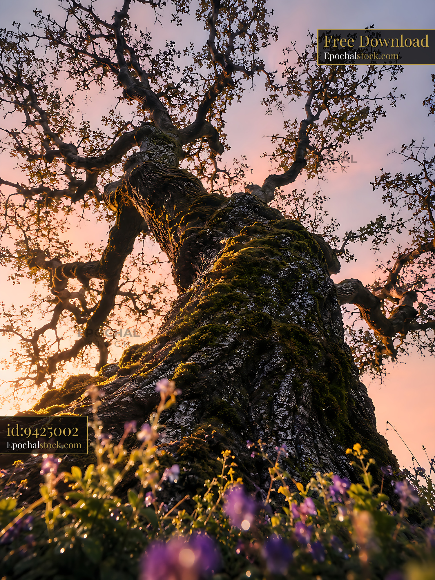 Watermarked full-resolution preview of Old tree with flowers at sunset