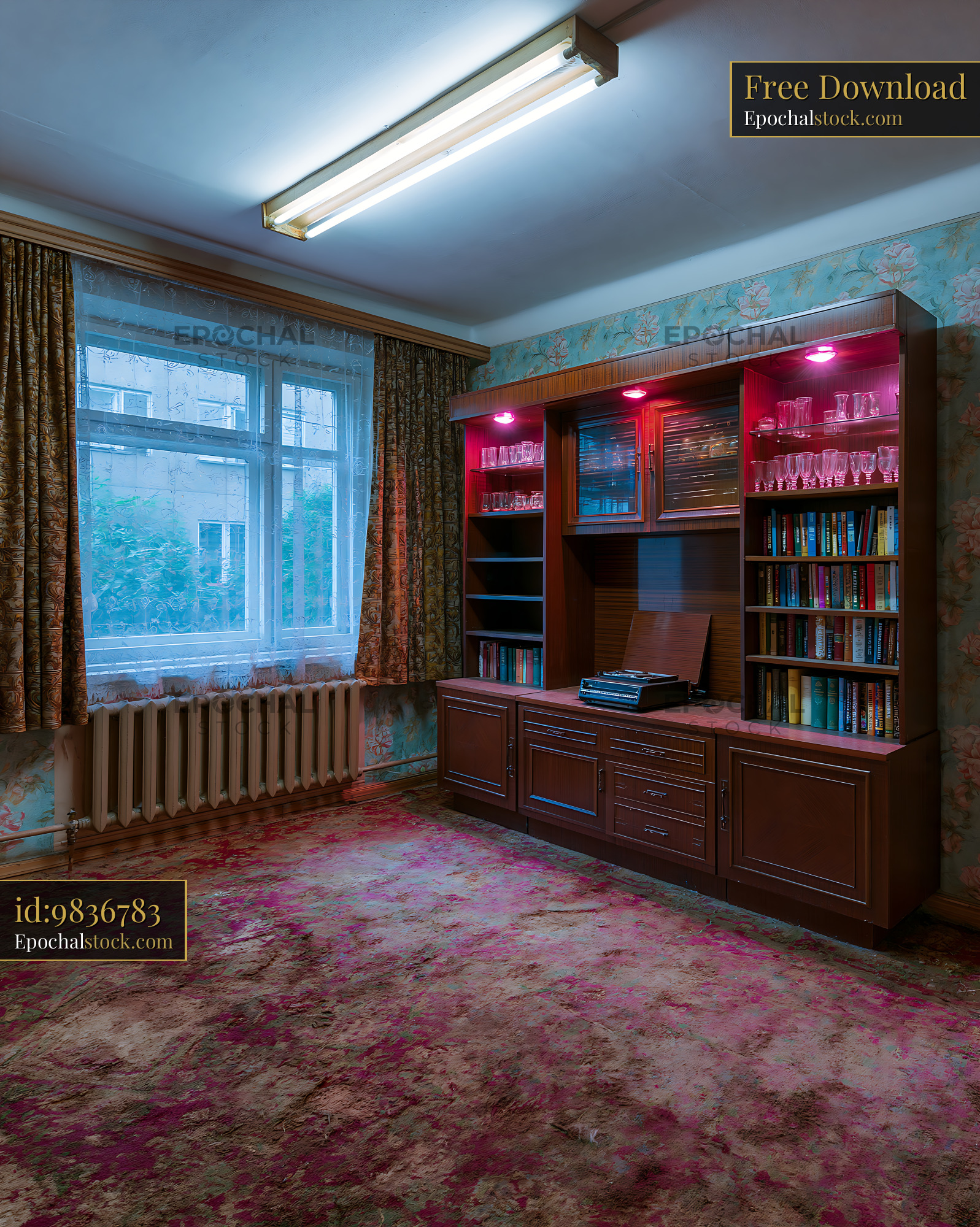 Watermarked full-resolution preview of Old living room interior with bookshelf and window
