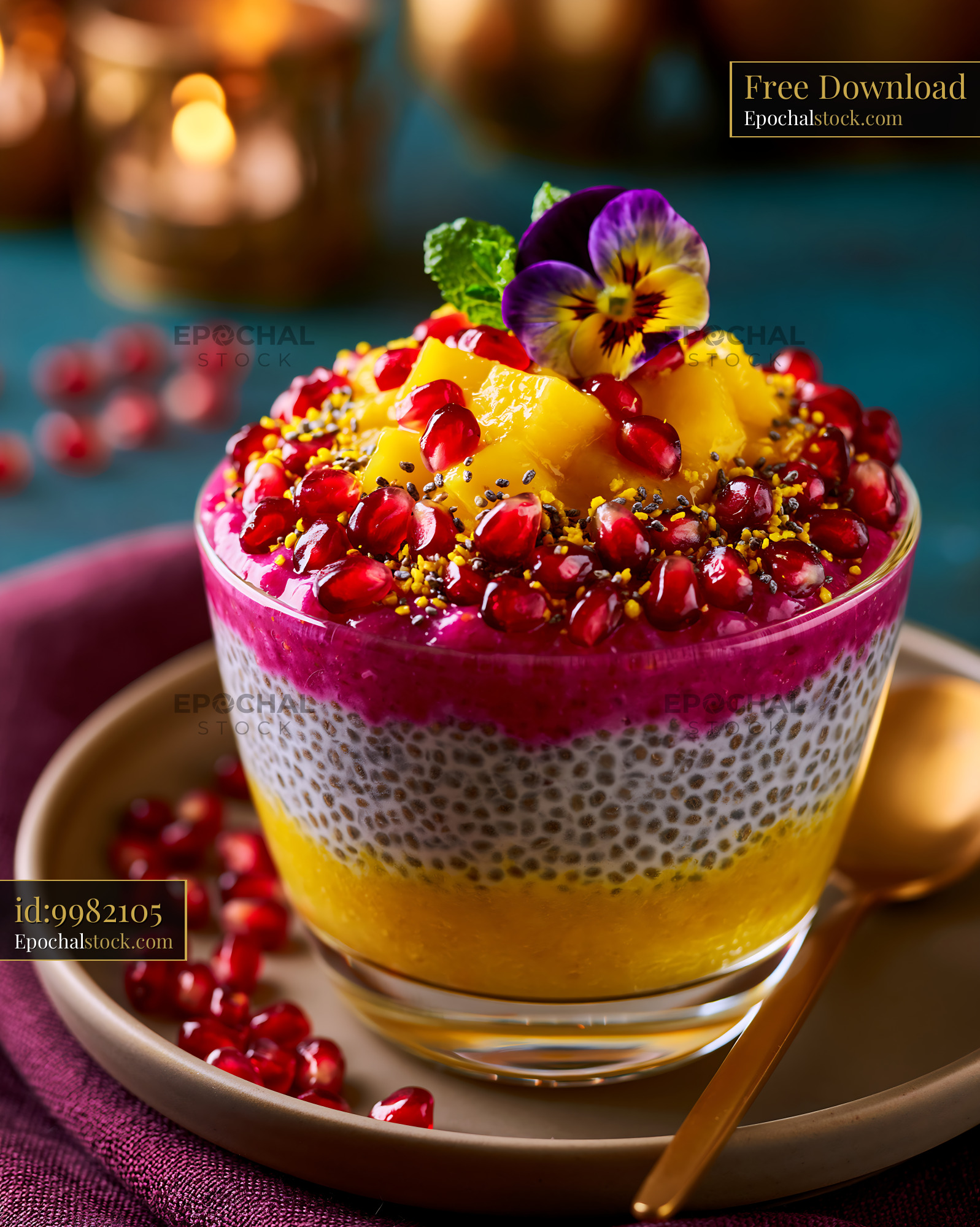 Watermarked full-resolution preview of Colorful dessert cup with fruits and seeds on a table