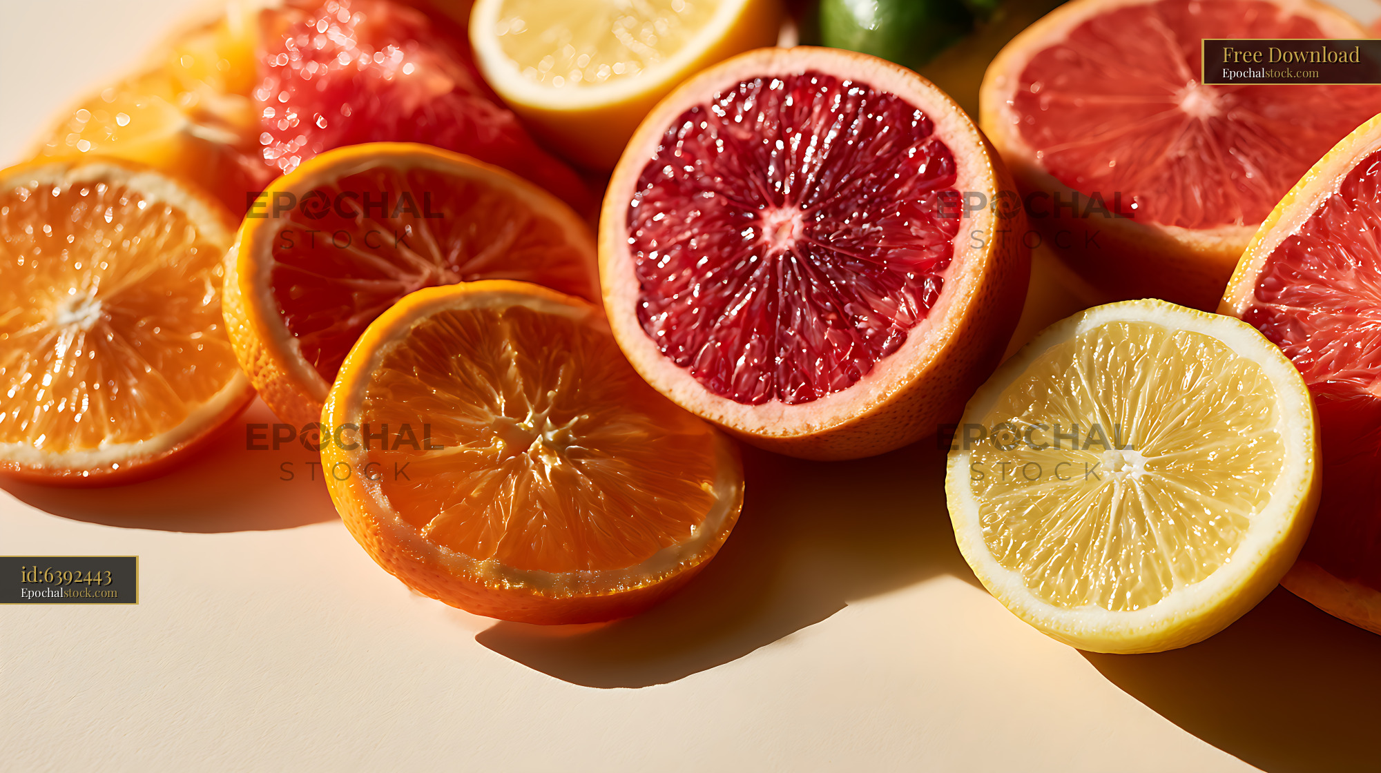 Watermarked full-resolution preview of Fresh citrus slices in warm natural light