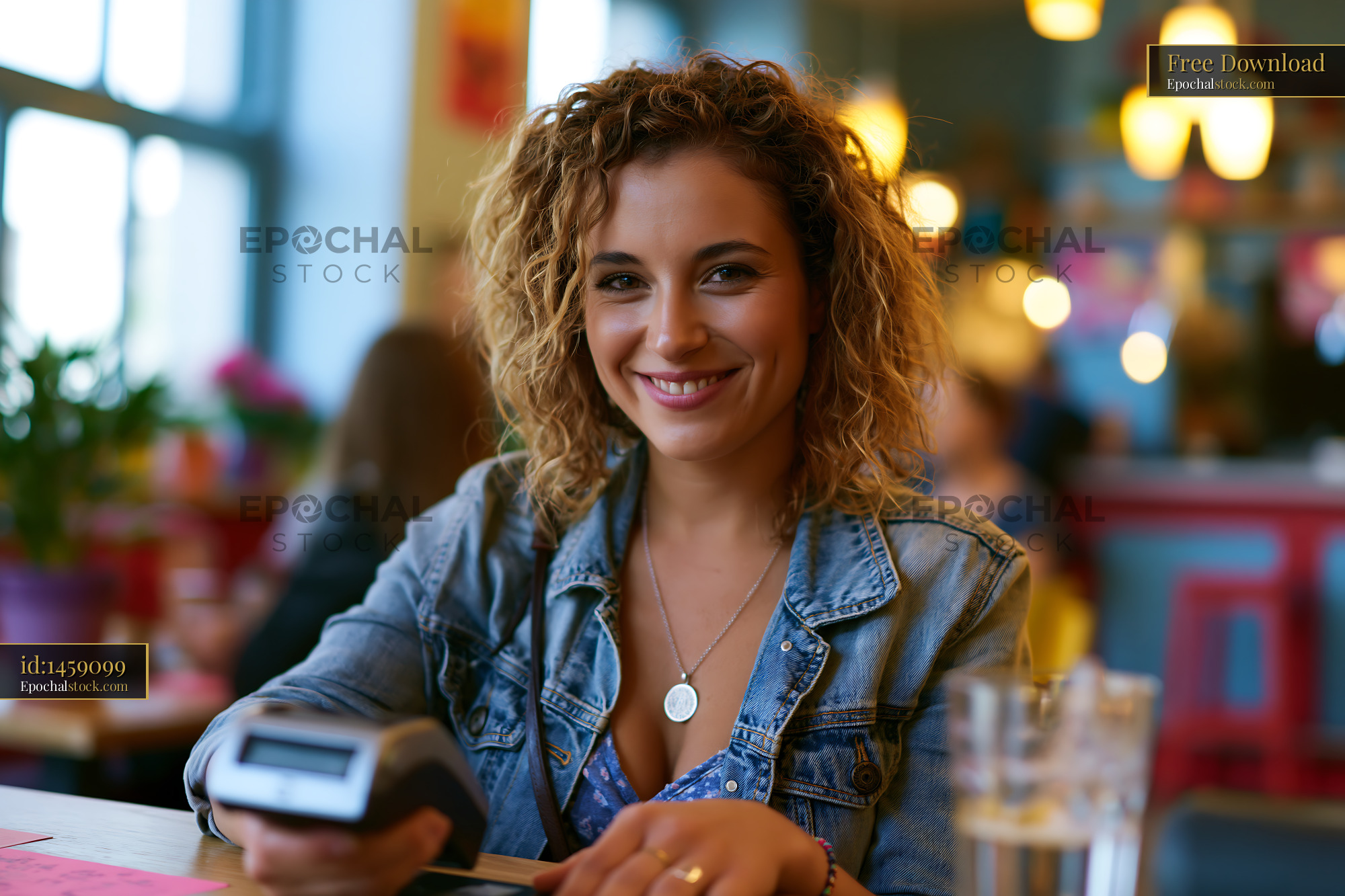 Watermarked full-resolution preview of Woman smiling while sitting in a cafe holding a device