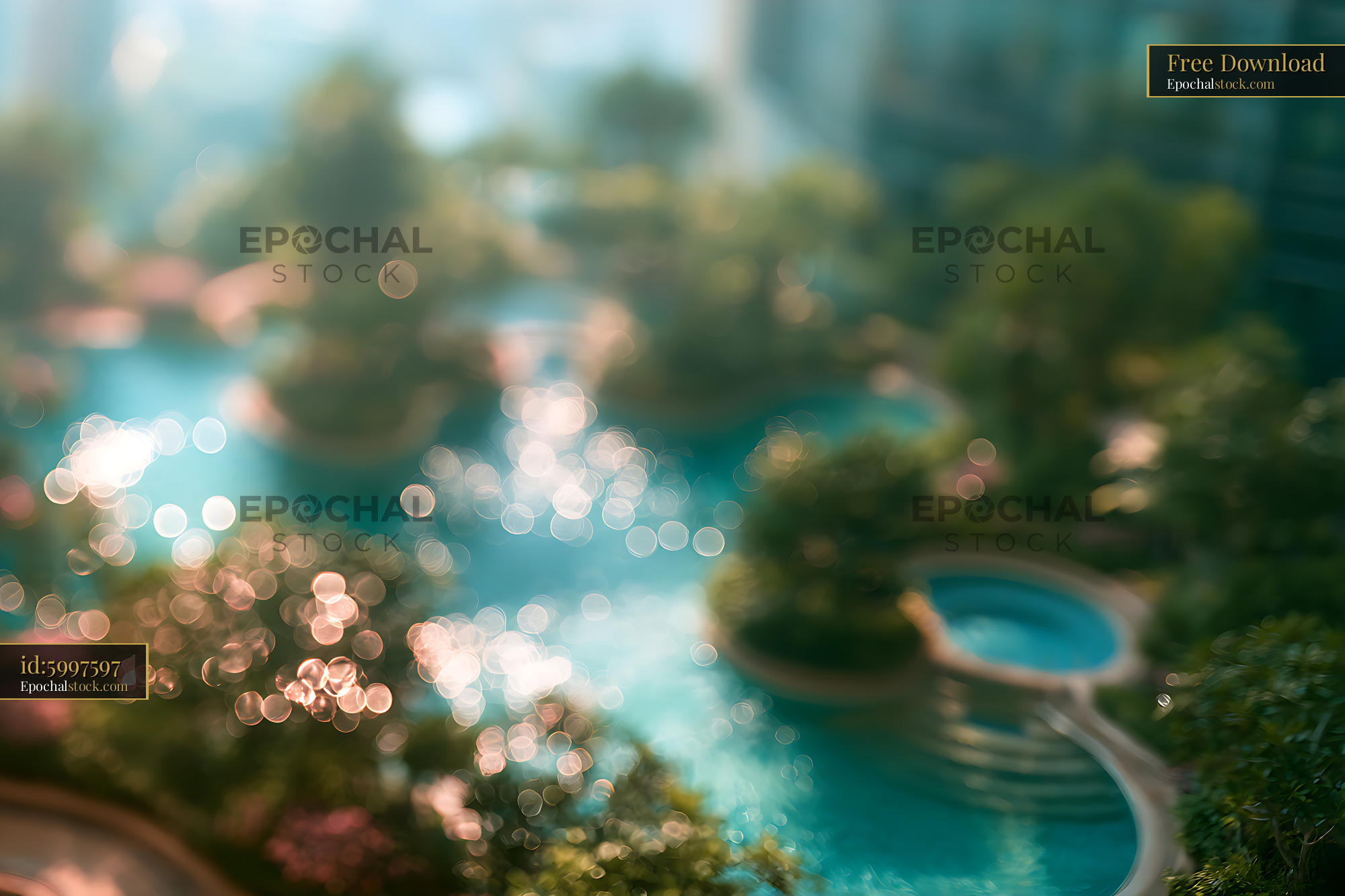 Watermarked full-resolution preview of Dreamy abstract pool and garden with glowing bokeh