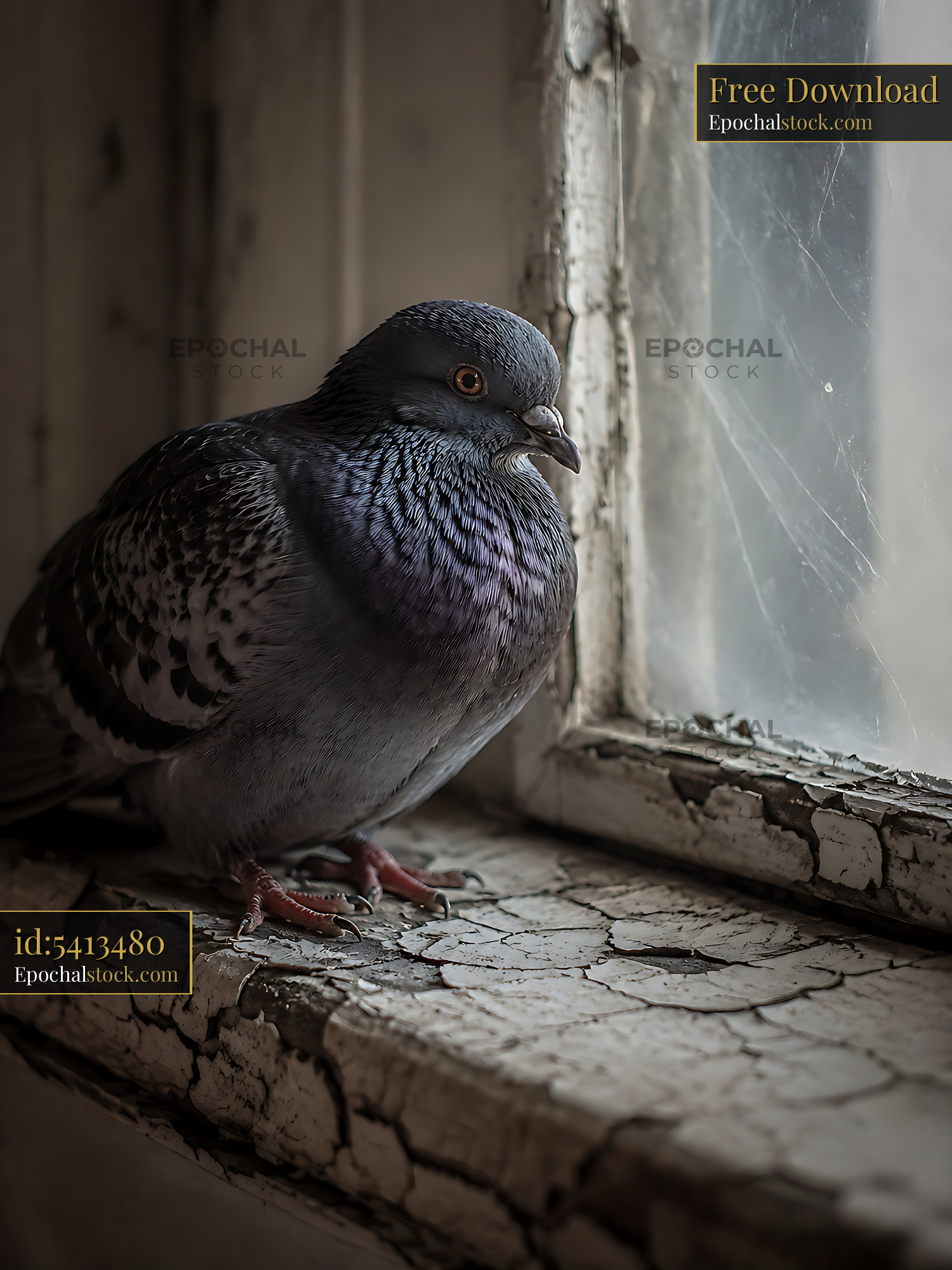 Watermarked full-resolution preview of Pigeon resting on a windowsill in an old building