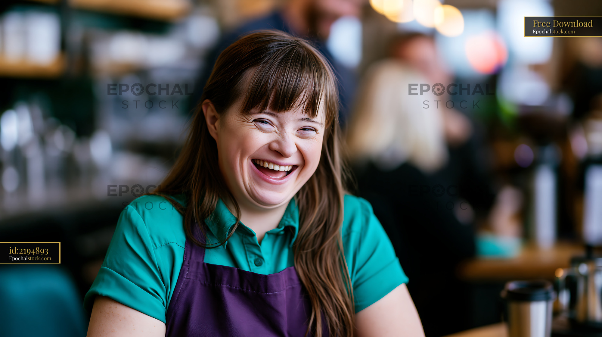 Watermarked full-resolution preview of Barista smiles while serving coffee in a cafe
