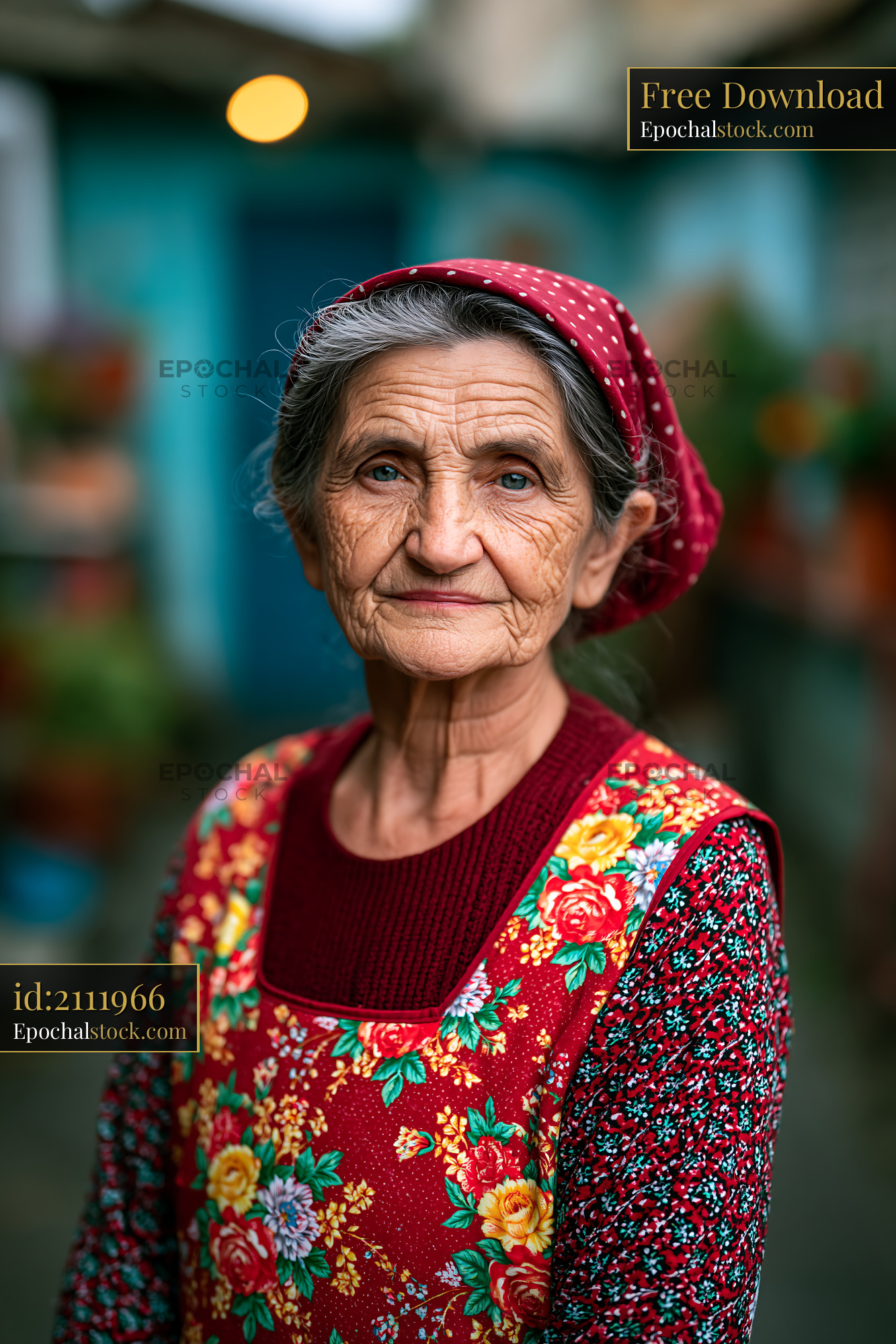 Watermarked full-resolution preview of Elderly woman wearing traditional attire in a market setting