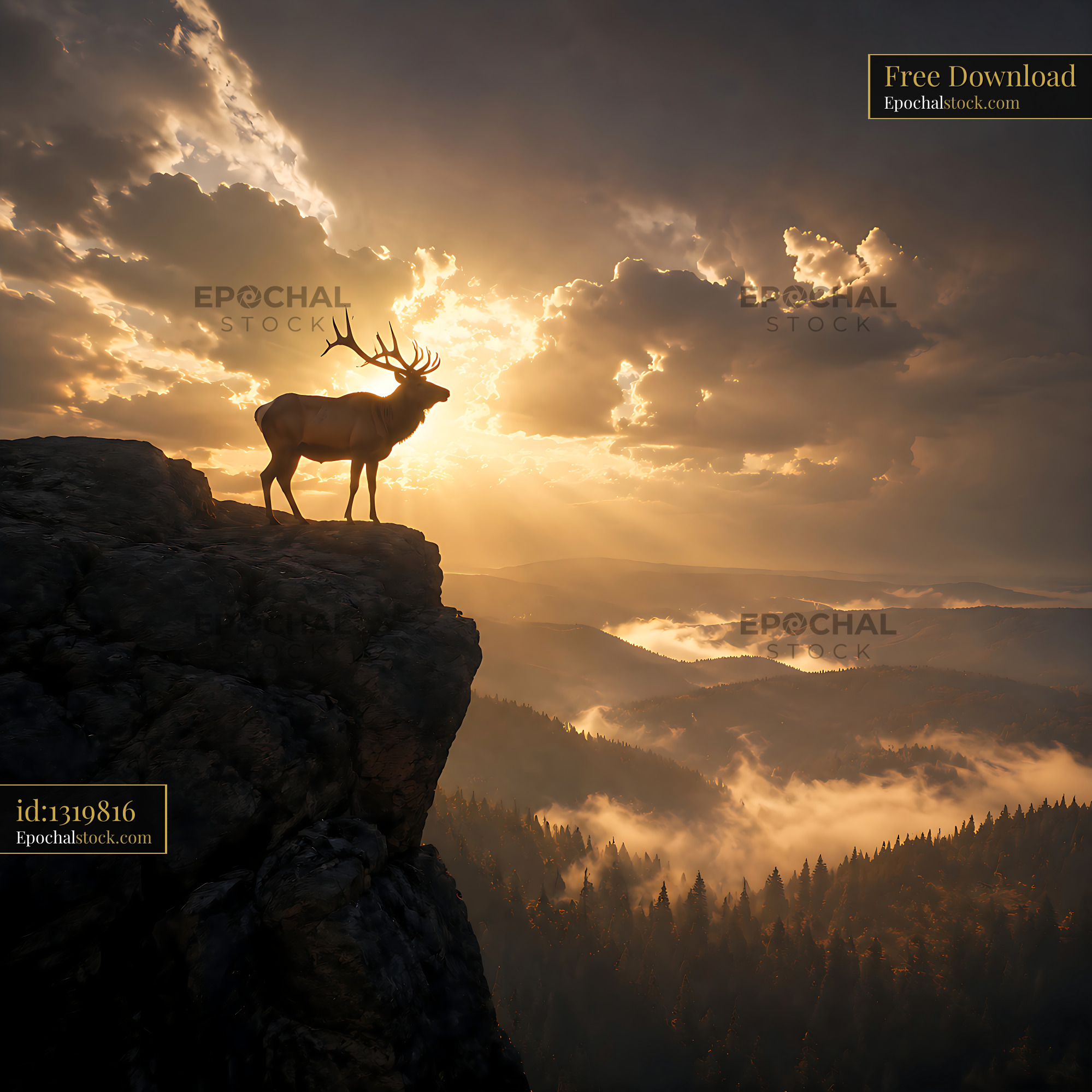 Watermarked full-resolution preview of Sunset scene with a deer on a cliff overlooking misty valleys