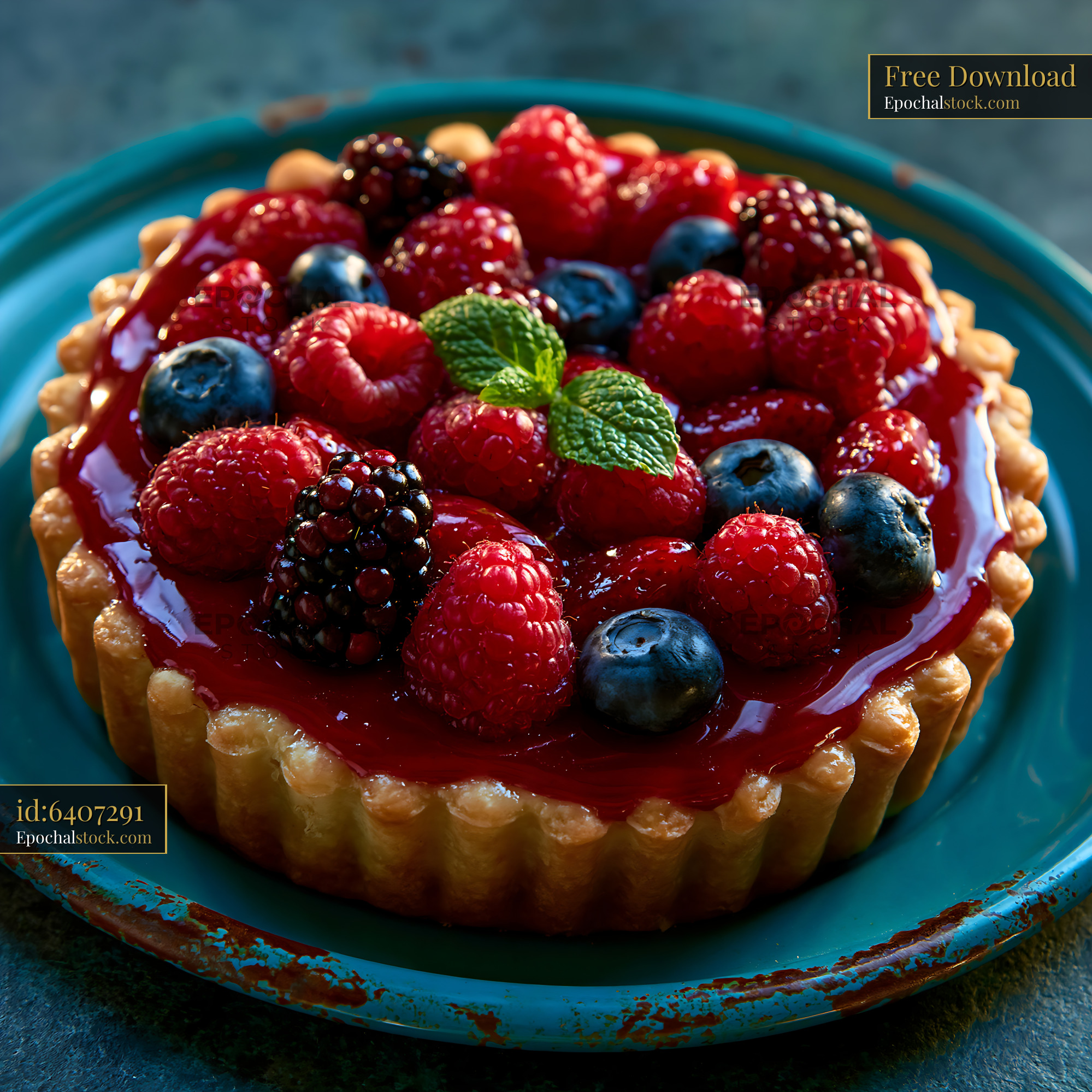 Watermarked full-resolution preview of Fruit tart with various berries placed on a blue plate
