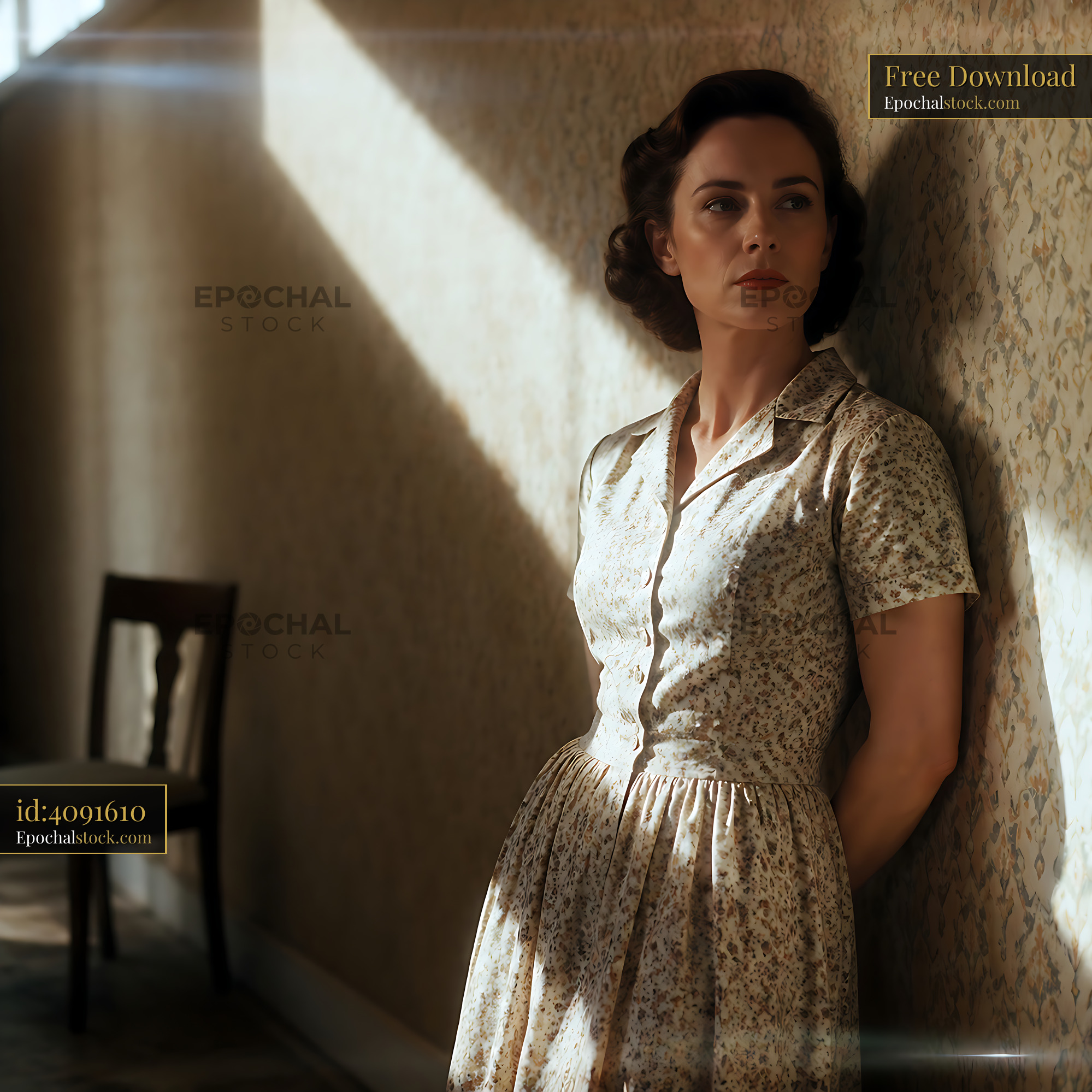 Watermarked full-resolution preview of Woman in vintage dress standing by a wall in a dimly lit room