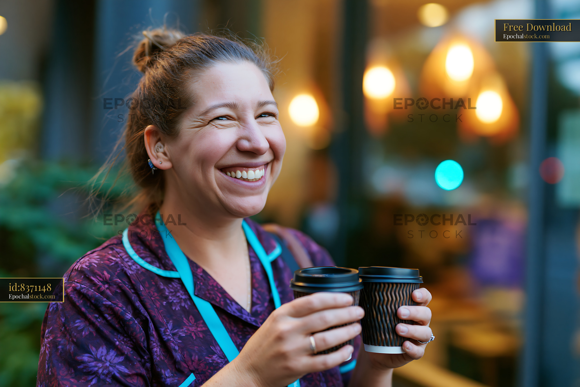 Watermarked full-resolution preview of Woman in purple outfit holding two coffee cups outside cafe