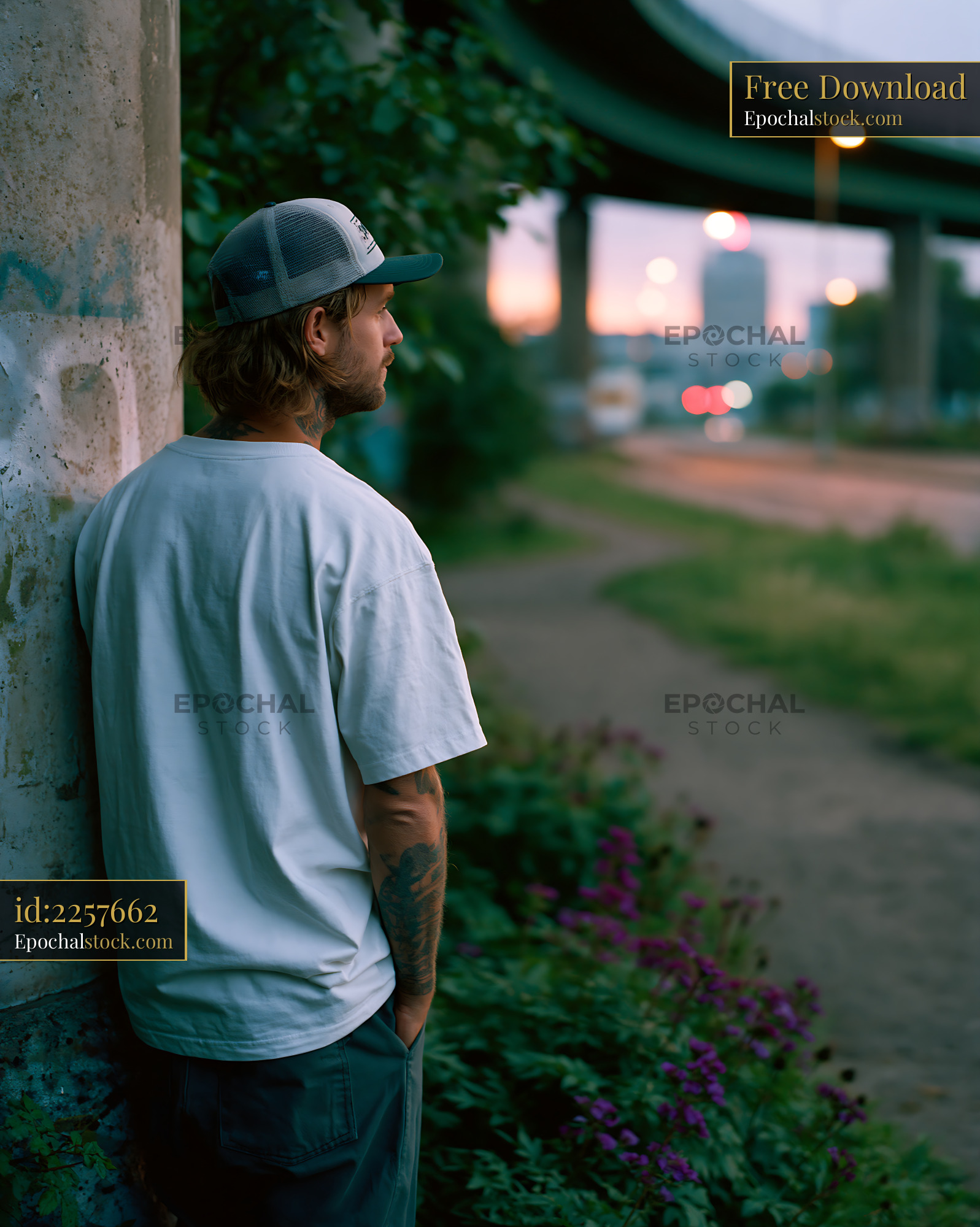 Watermarked full-resolution preview of Man standing by a wall near a highway at dusk