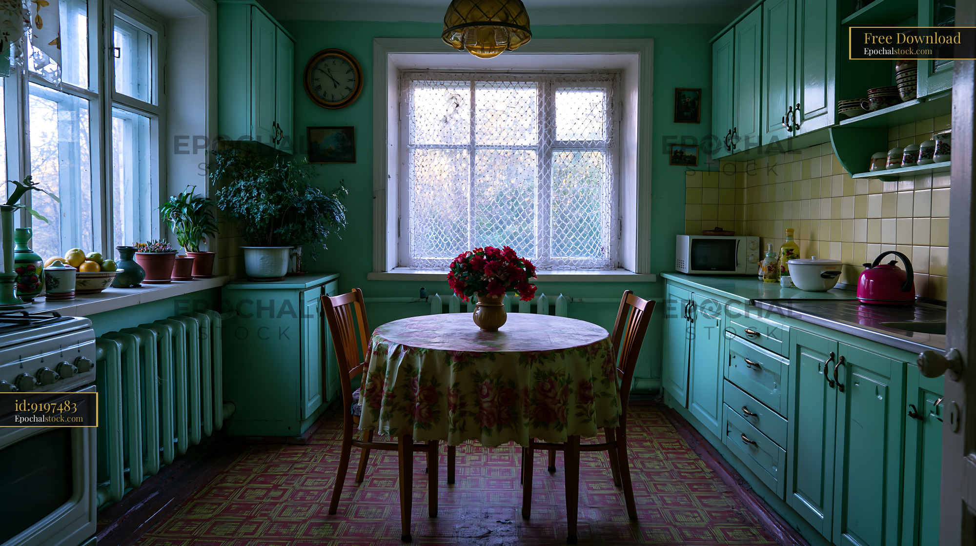 Watermarked full-resolution preview of Old kitchen with green cabinets and a round table