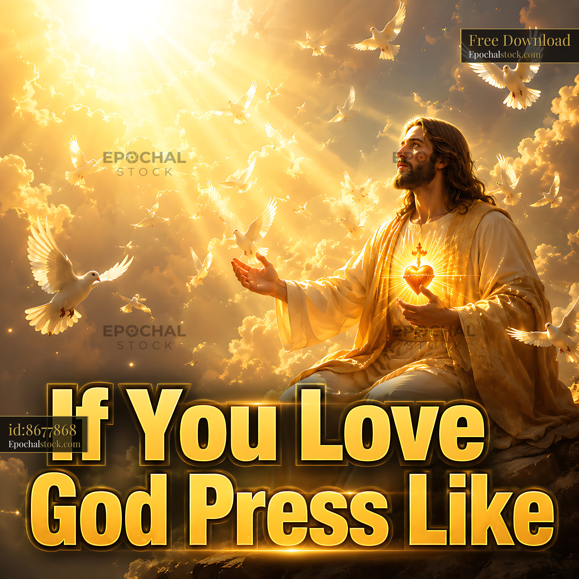 Watermarked full-resolution preview of Jesus with doves and light in a heavenly scene