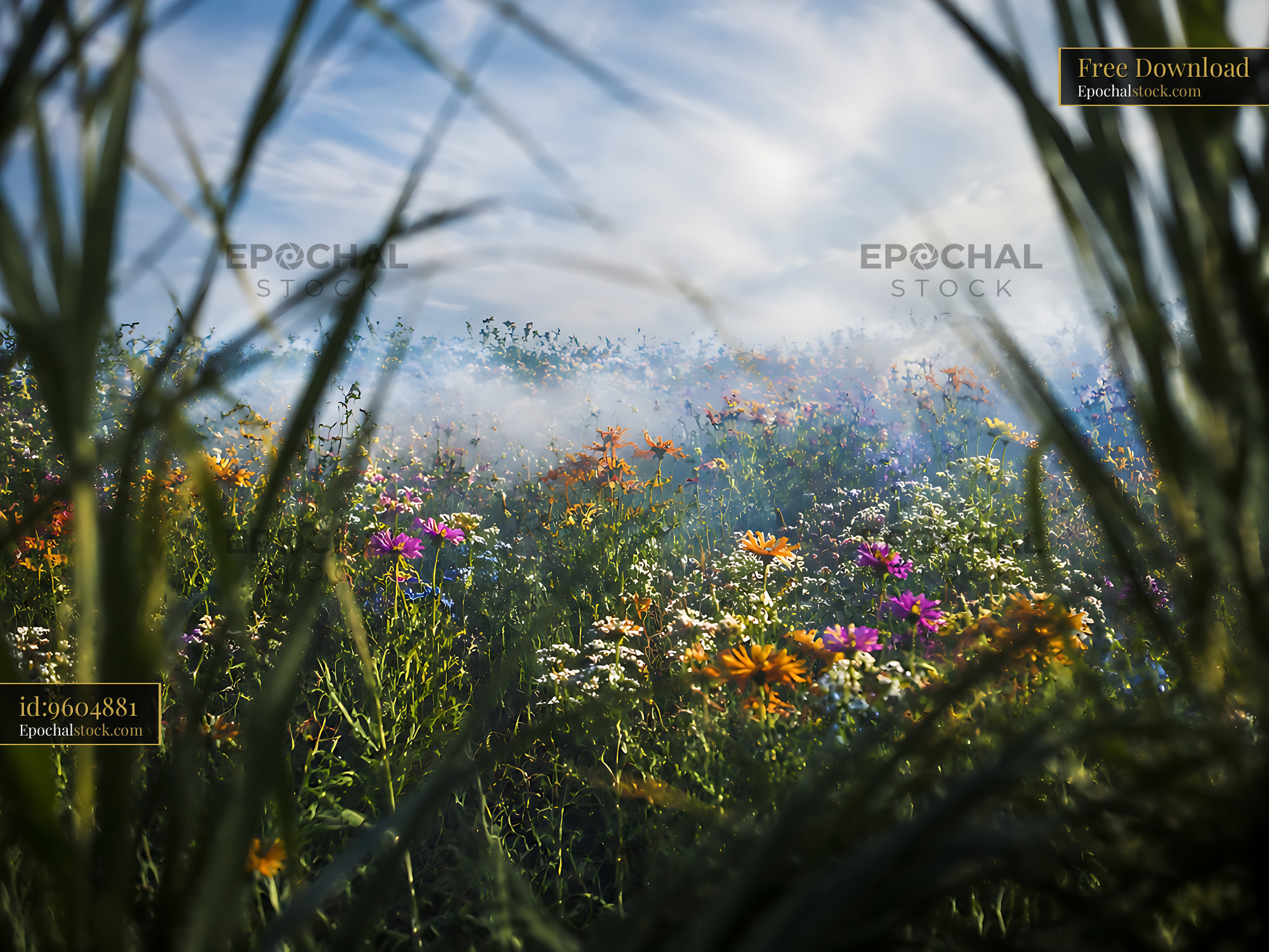 Watermarked full-resolution preview of Colorful flowers in a grassy field under a cloudy sky
