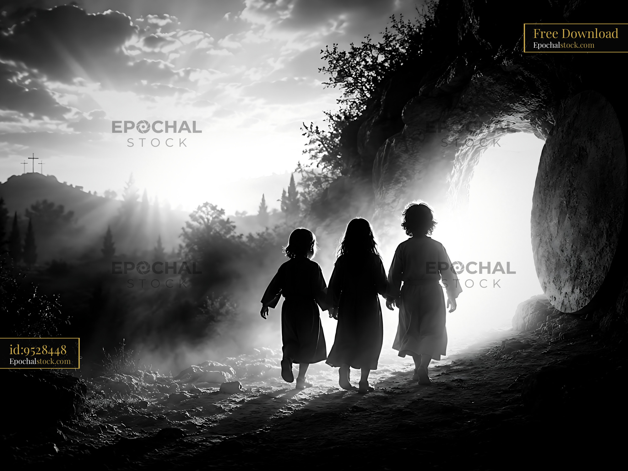Watermarked full-resolution preview of Children walking towards a cave opening at sunset