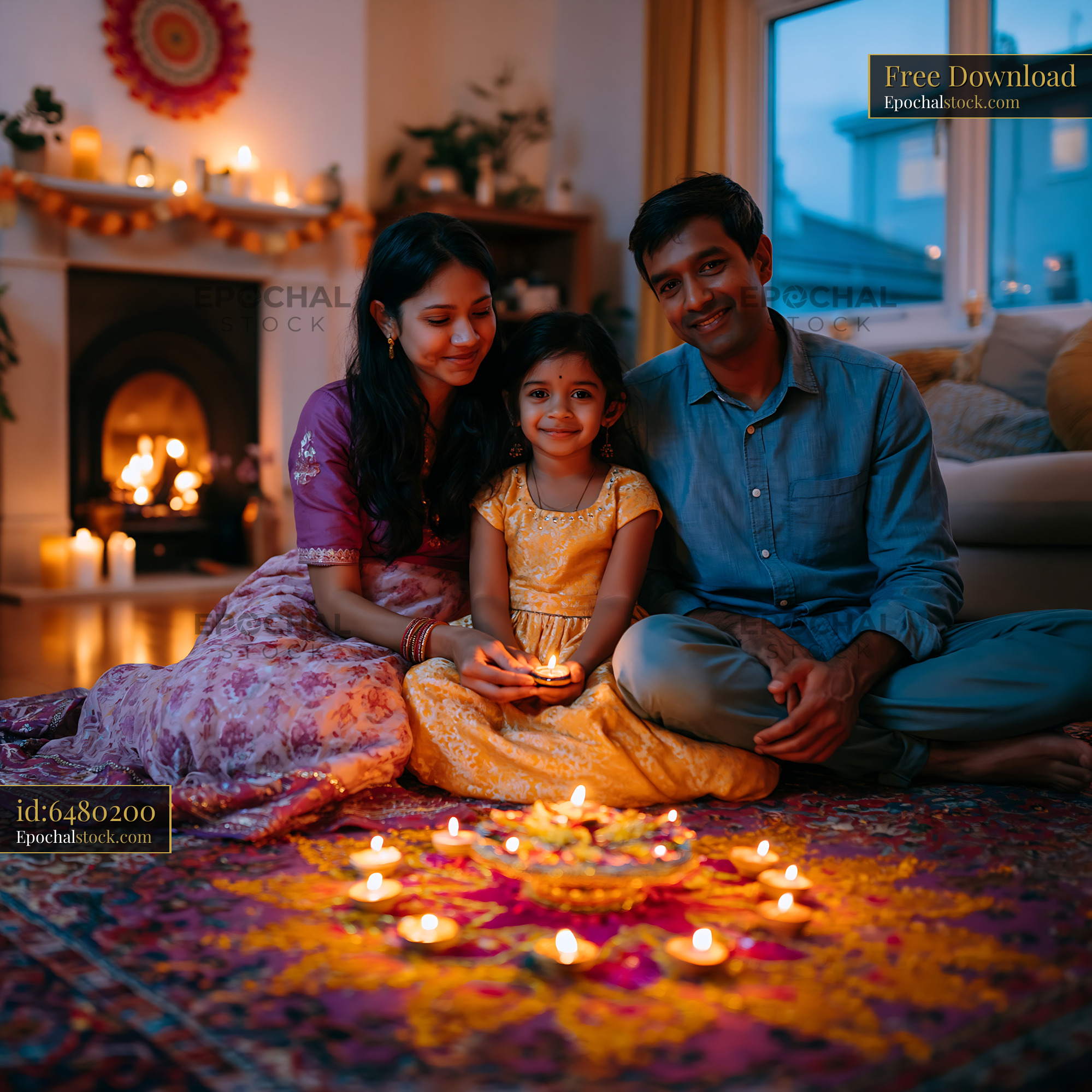 Family Celebrating Diwali With Candles in a Cozy Living Room - stock photo