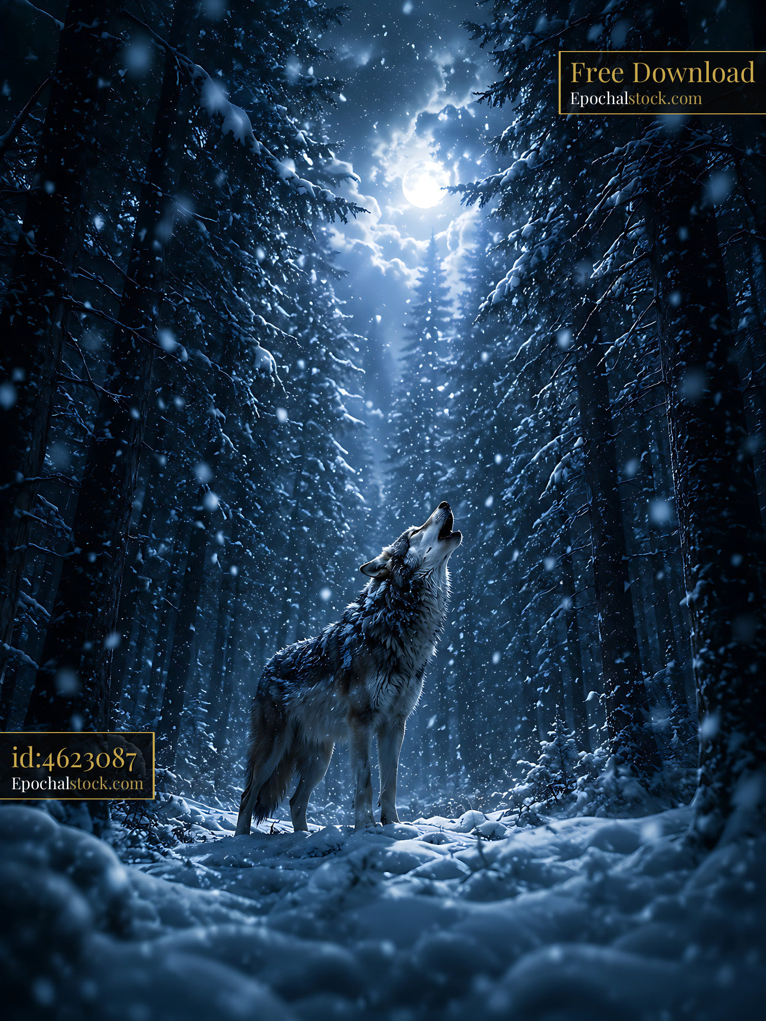 Wolf Howls Under the Moonlight in a Snowy Forest at Night — stock example for Nano Banana 2 cost control