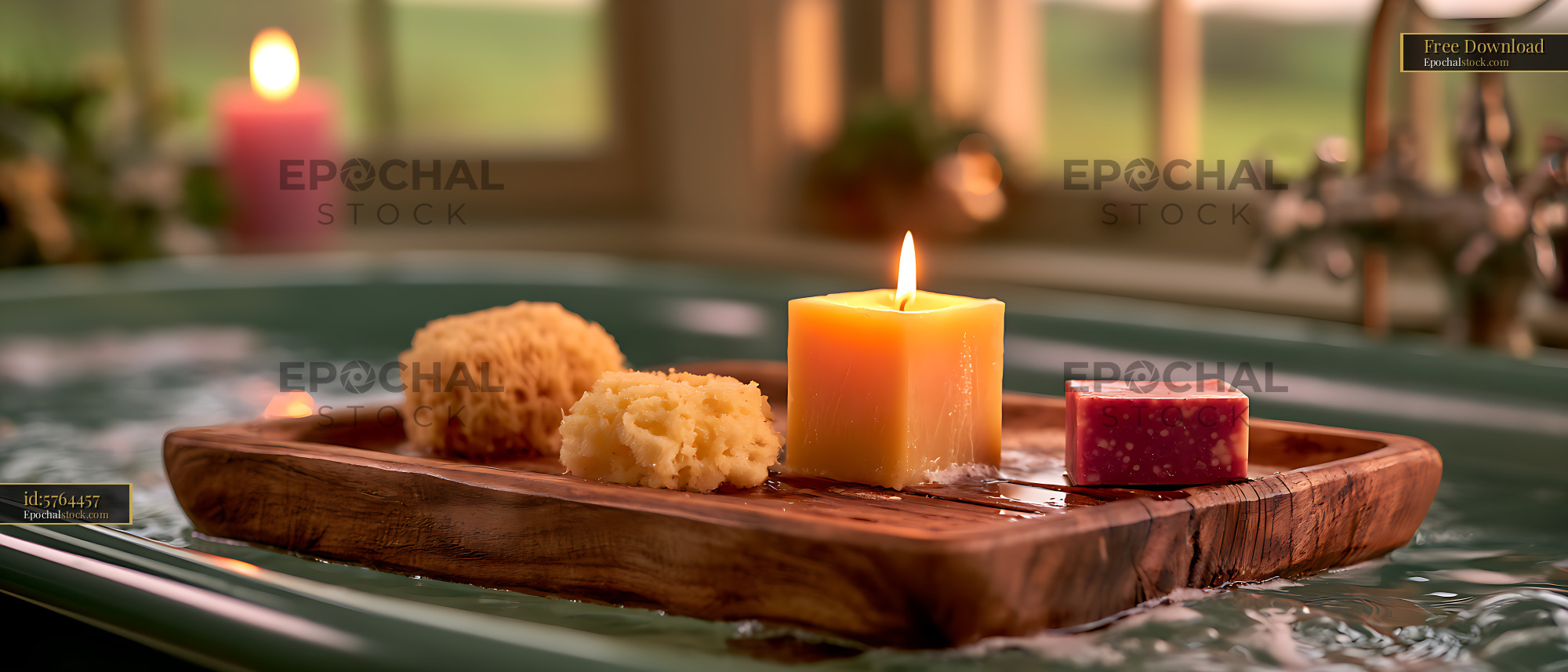 Watermarked full-resolution preview of Wooden Spa Tray Floating in Bathwater