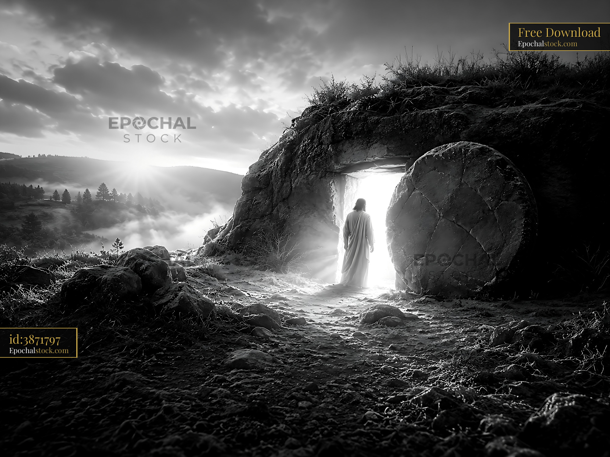 Watermarked full-resolution preview of Figure emerging from a cave at dawn