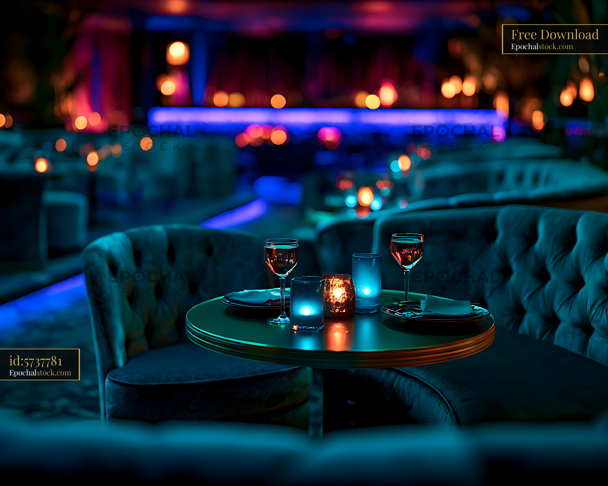 Watermarked full-resolution preview of Moody nightlife lounge table with wine and candles